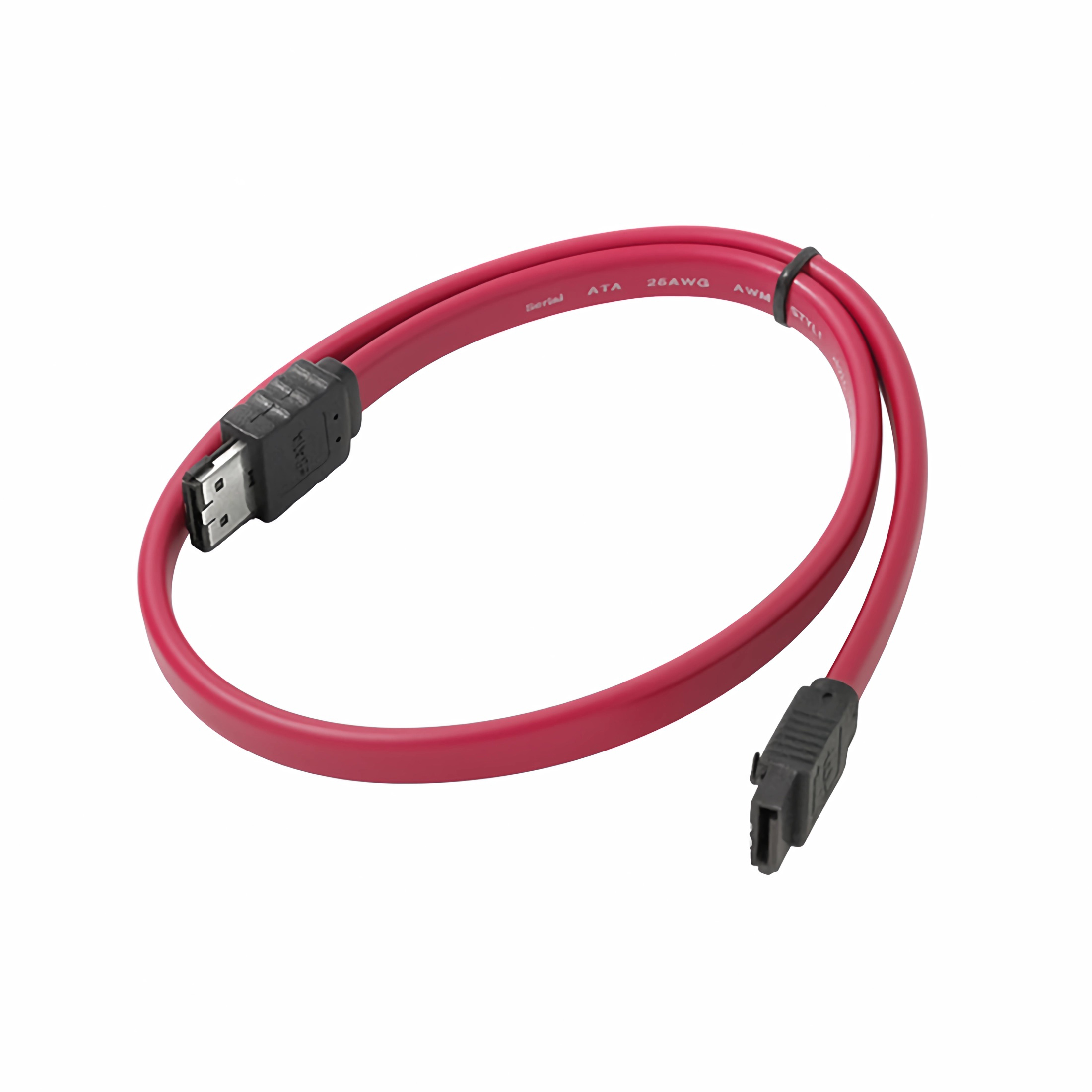 Ein rotes SATA-Kabel. Das Kabel hat an jedem Ende Anschlüsse und befindet sich auf weißem Hintergrund.