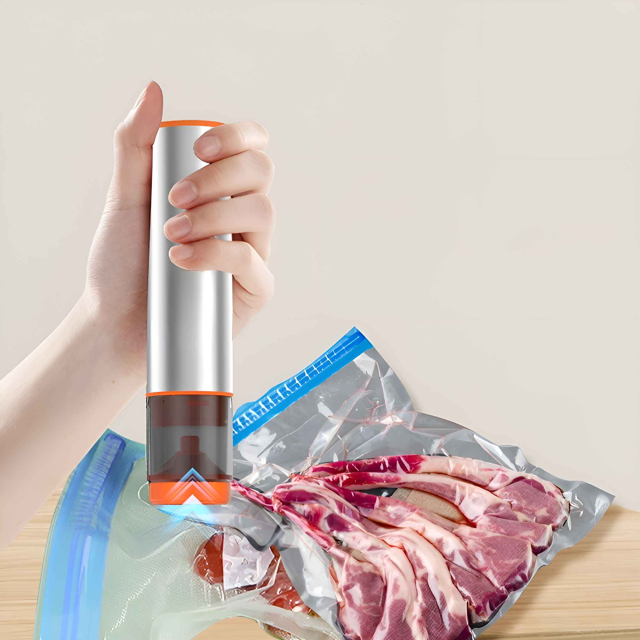 Eine Hand, die ein Vakuumiergerät über einem Beutel mit rohem Fleisch hält. Der Beutel ist durchsichtig und versiegelt.