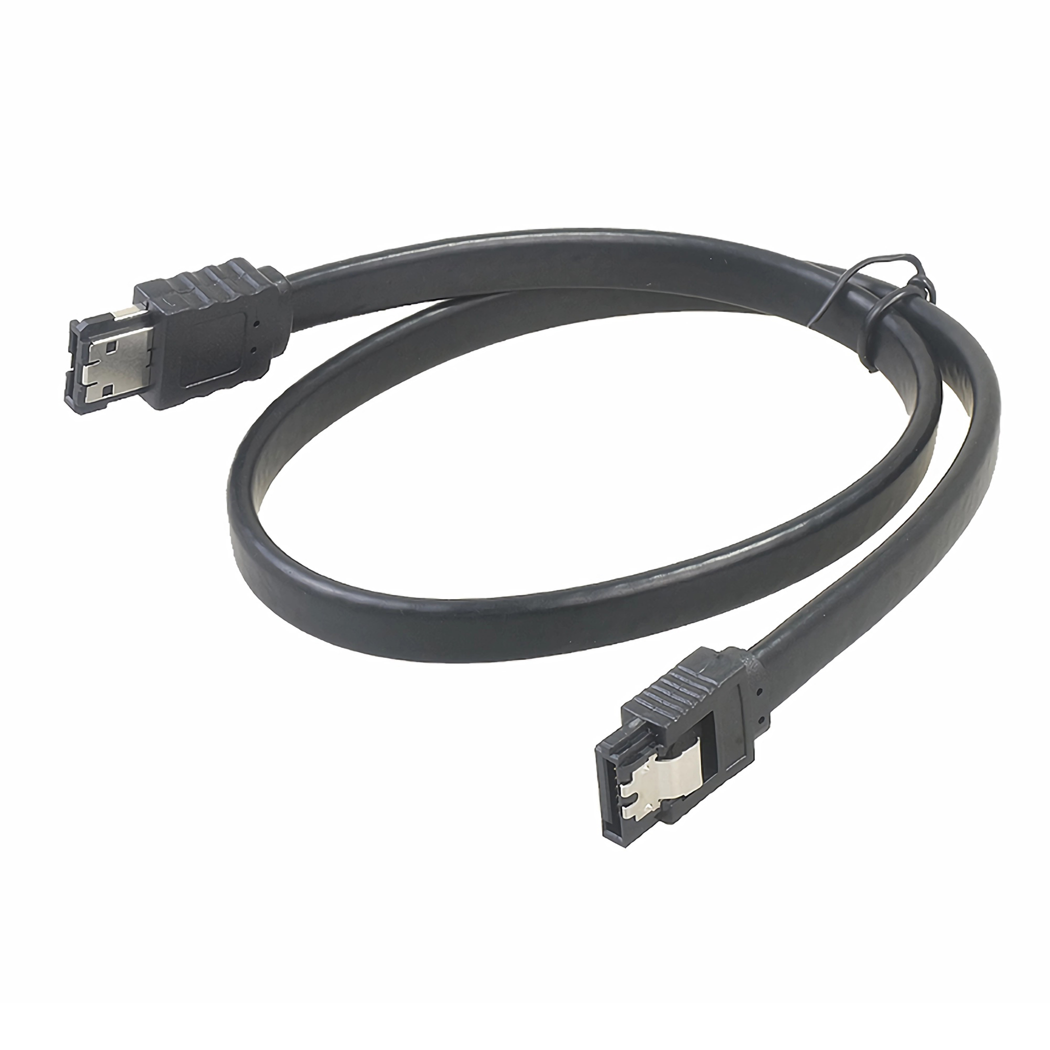 Ein schwarzes SATA-Kabel mit SATA-Anschlüssen. Das Kabel ist gebogen.