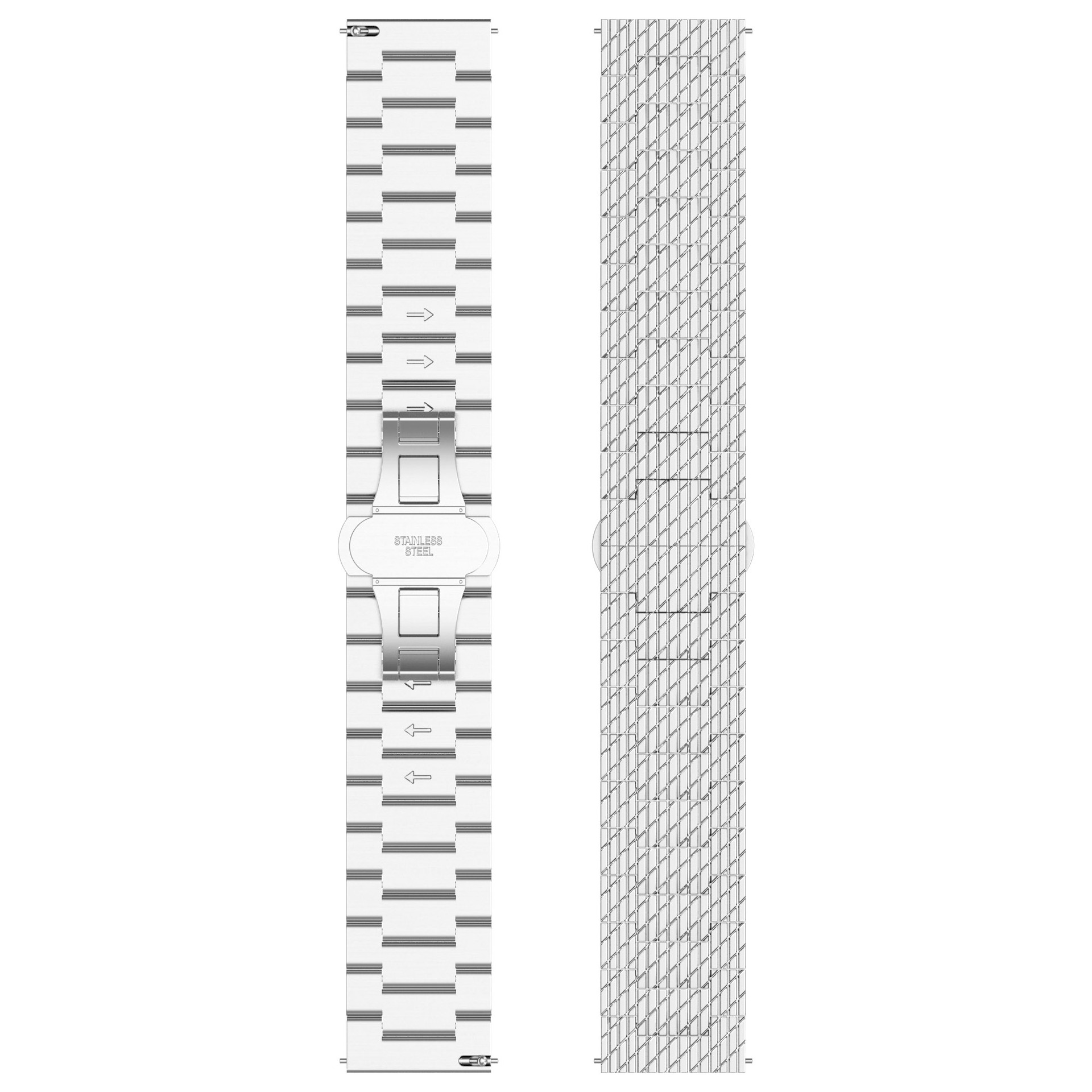 Zwei Uhrenarmbänder. Das linke hat ein Muster aus horizontalen Linien, das rechte ein rautenförmiges Muster.