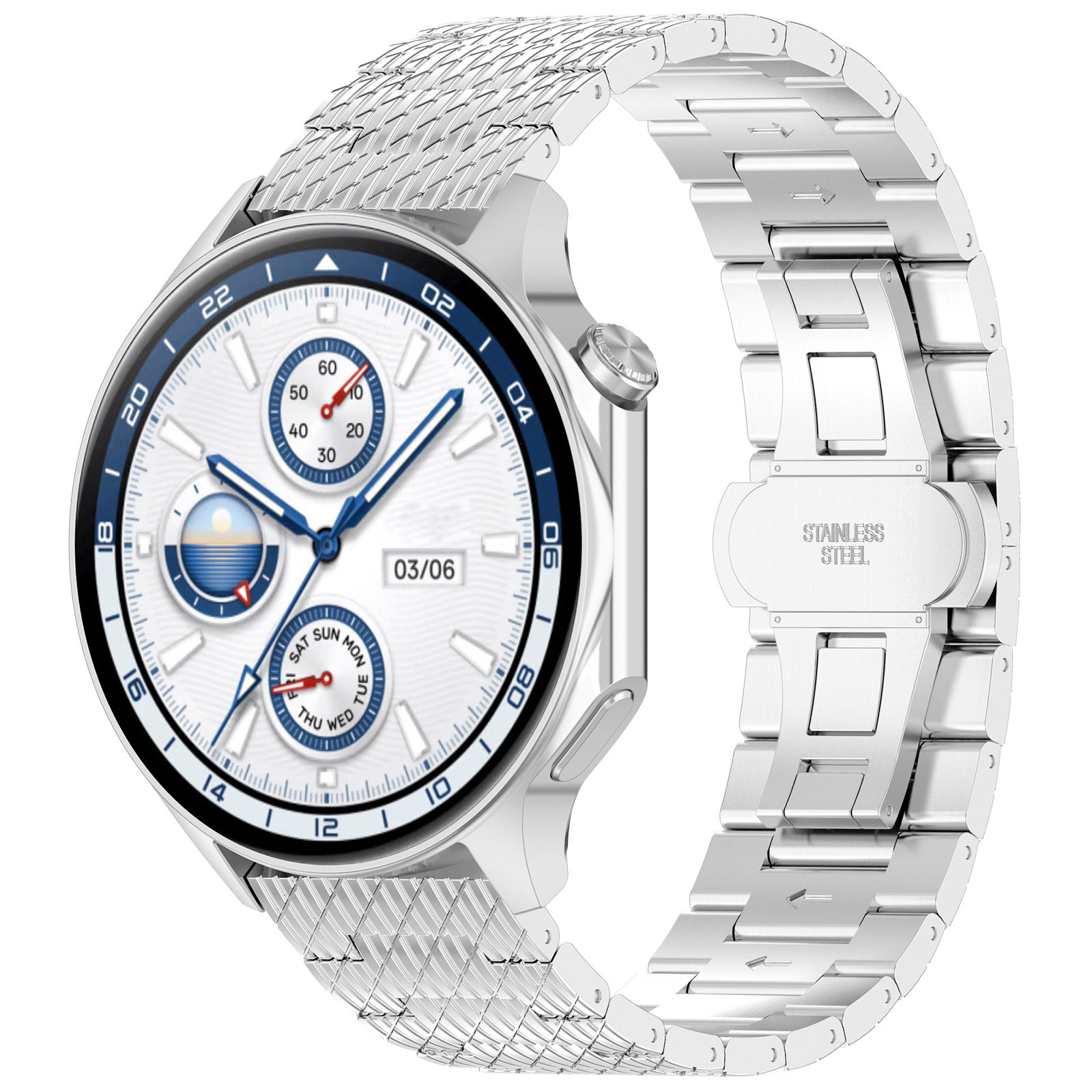 Eine silberne Smartwatch mit Metallarmband. Das Zifferblatt zeigt Zeit und Datum an. Das Armband ist aus Edelstahl.