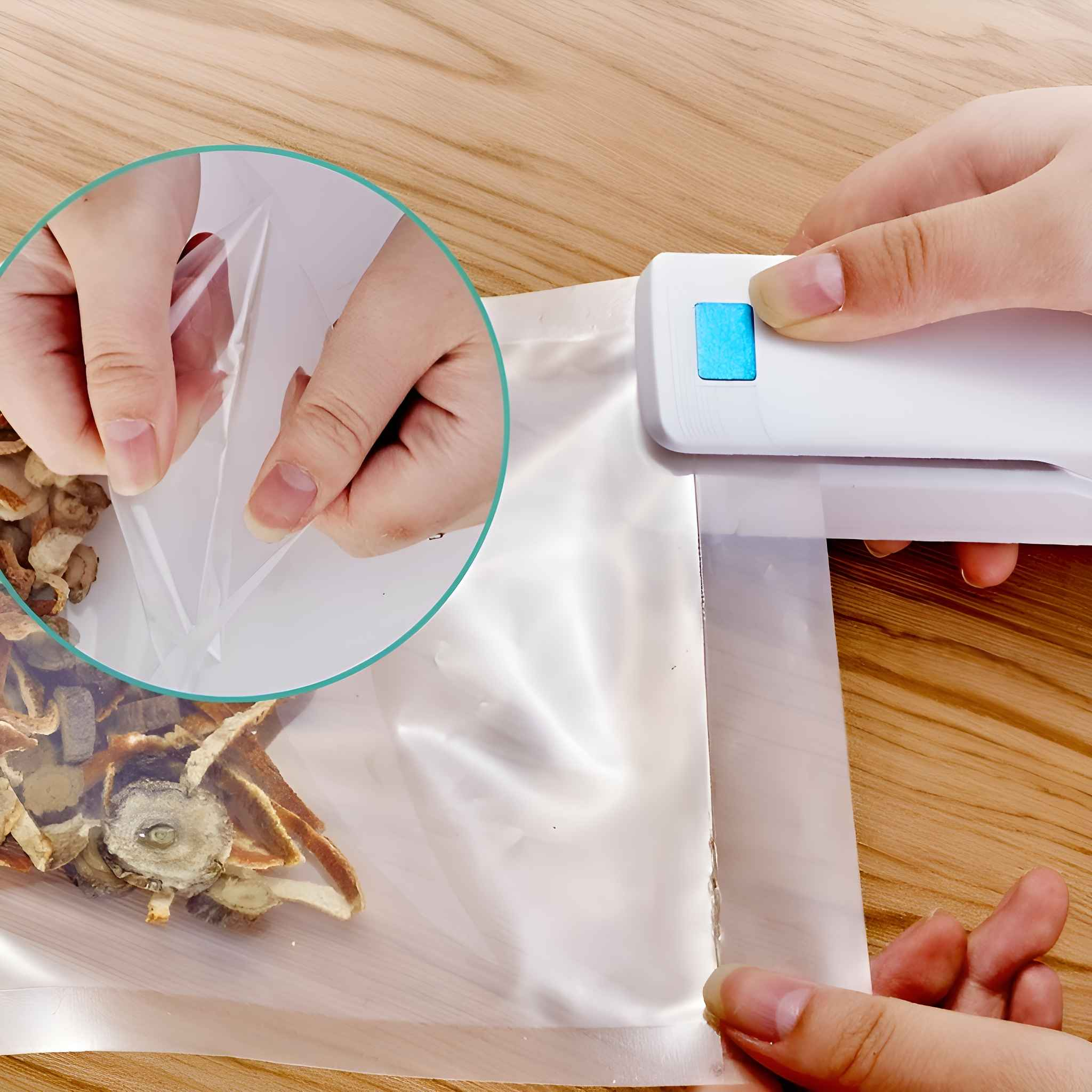 Hände halten einen Plastikbeutel, der mit einem weißen Plastikverschlussgerät auf einem Holztisch versiegelt werden soll.