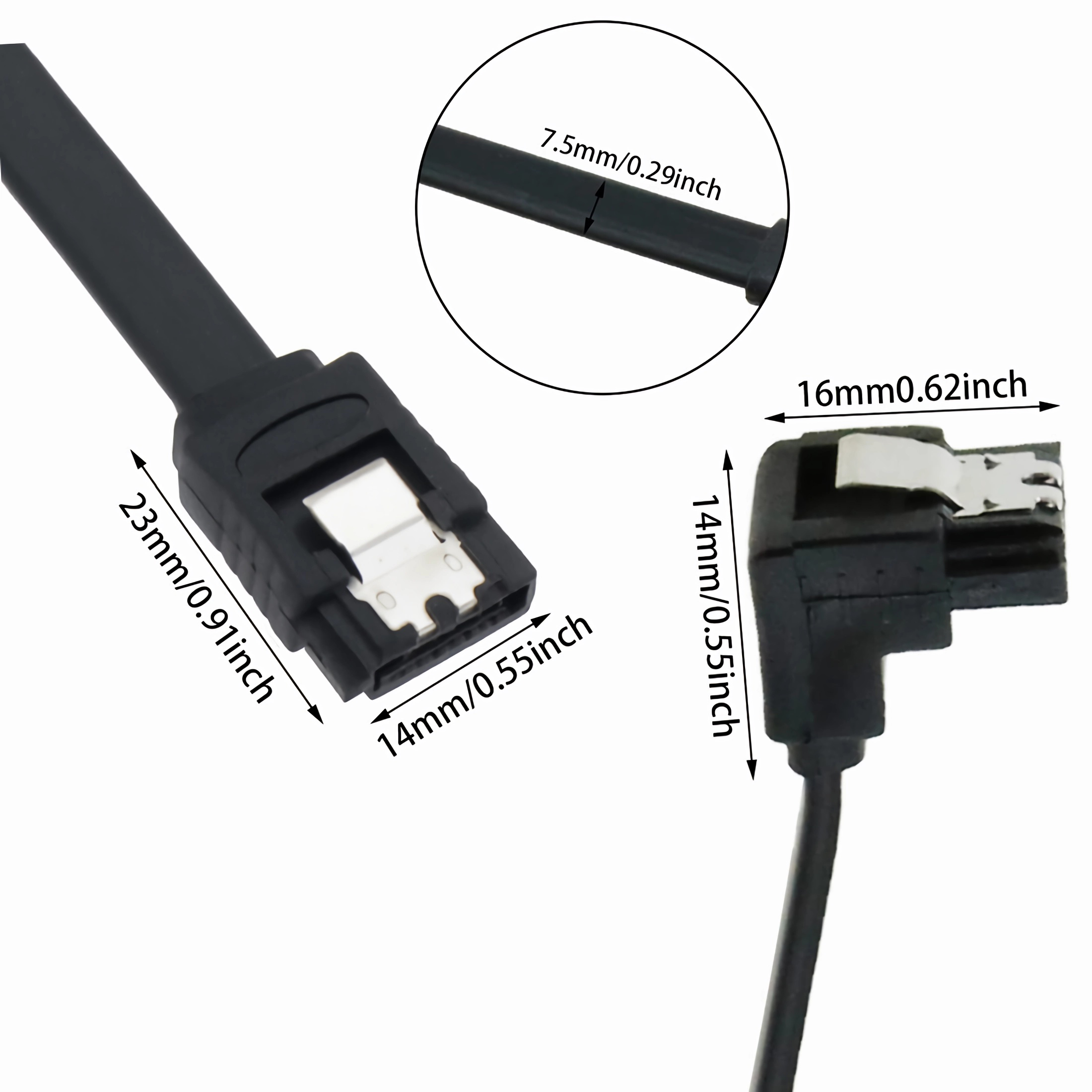 Nahaufnahme eines schwarzen SATA-Kabels. Maße werden angezeigt: 23 mm/0,91 Zoll, 14 mm/0,55 Zoll, 16 mm/0,62 Zoll, 7,5 mm/0,29 Zoll.