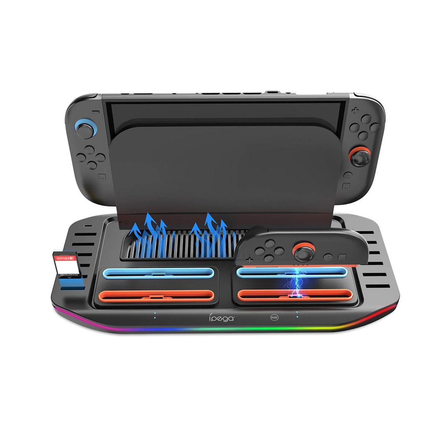 Gaming-Konsolen-Ladestation. Eine Nintendo Switch ist angedockt. Blaue und rote Lichter werden angezeigt.