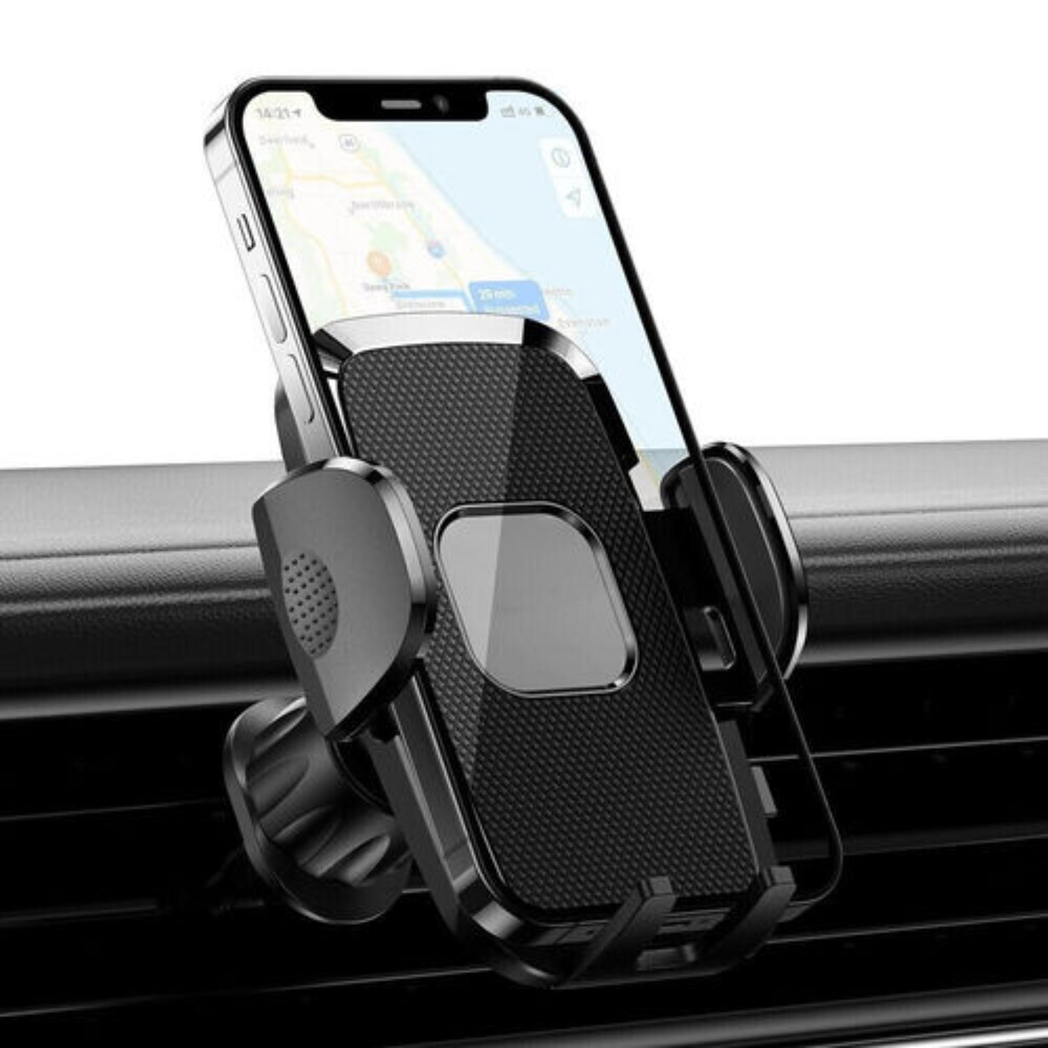 Ein schwarzes Telefon ist in einer Autotelefonhalterung befestigt, die an einer Lüftungsöffnung angebracht ist.