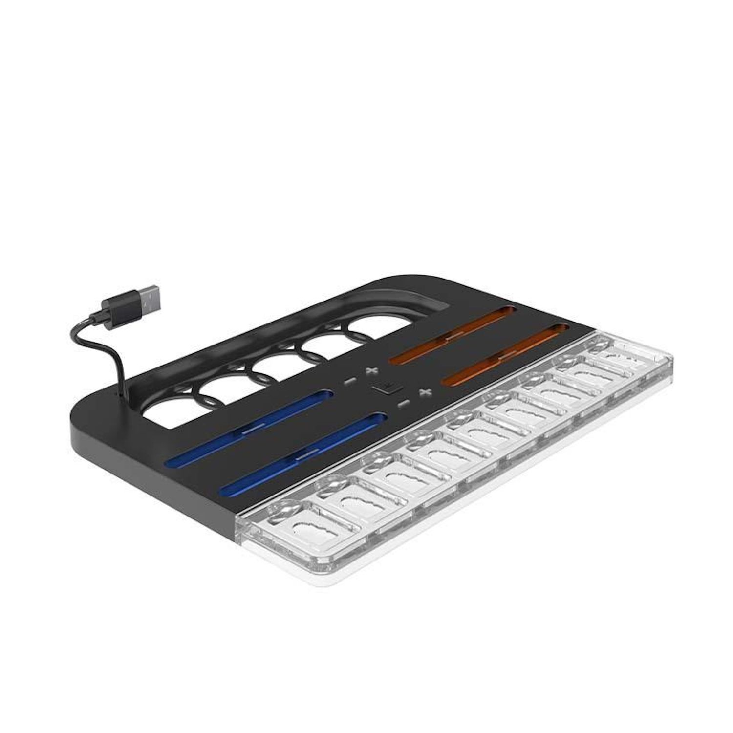 Schwarze und transparente Ladestation mit mehreren Steckplätzen und einem USB-Kabel.