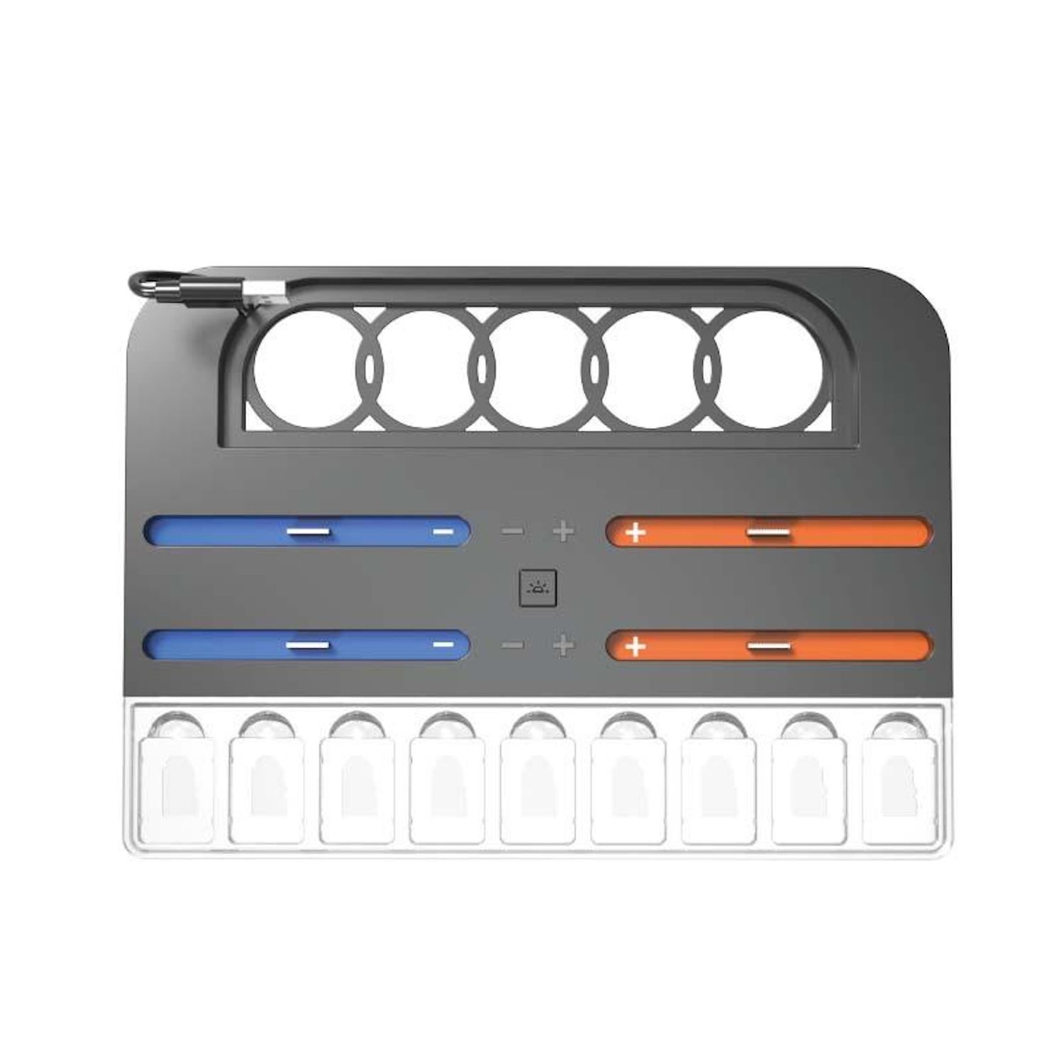 Graue Ladestation mit mehreren Steckplätzen für Batterien. Blaue und orangefarbene Anzeigen.