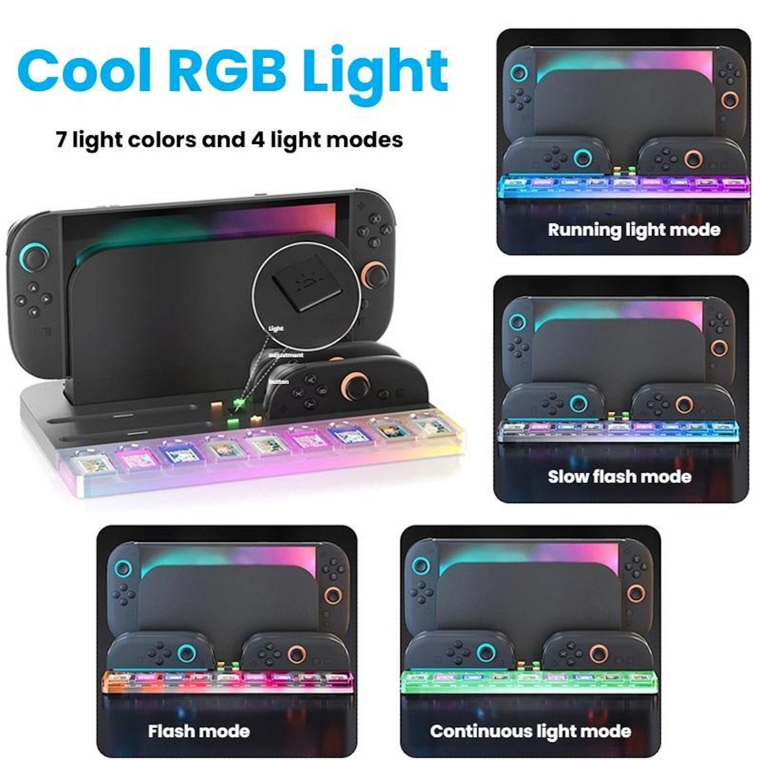 Ladestation mit Switch und Controllern, zeigt verschiedene RGB-Lichtmodi.