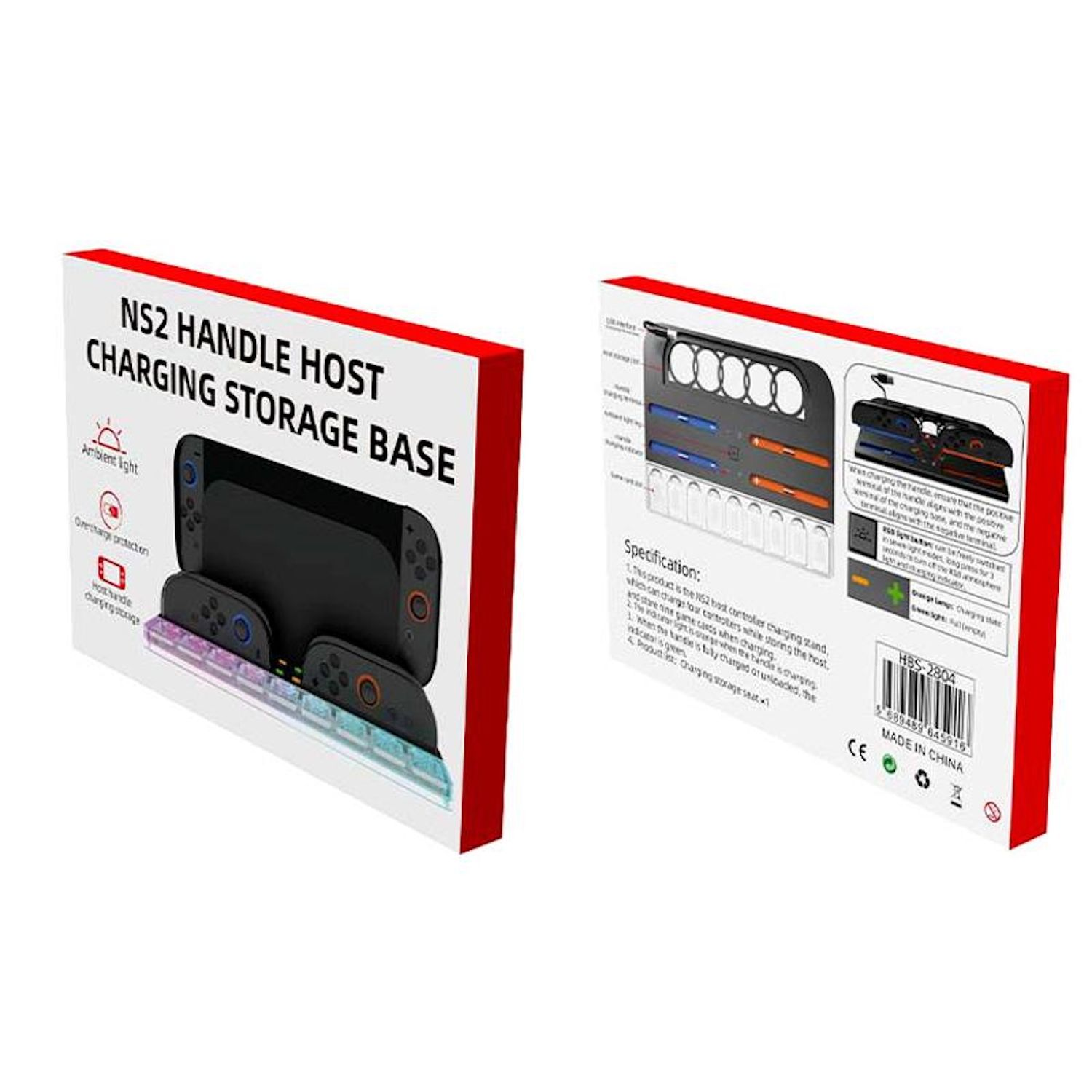 Verpackung einer Spielekonsolen-Ladestation mit Text und Bildern.