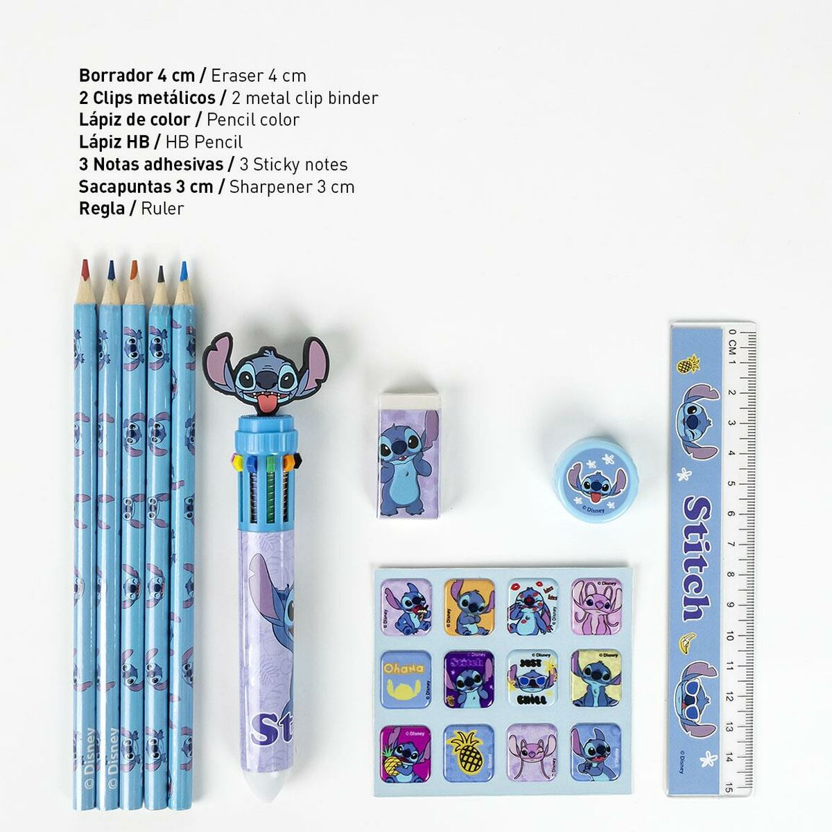 Stitch-Schulmaterial: Bleistifte, Stift, Radiergummi, Anspitzer, Aufkleber, Lineal und Clips.