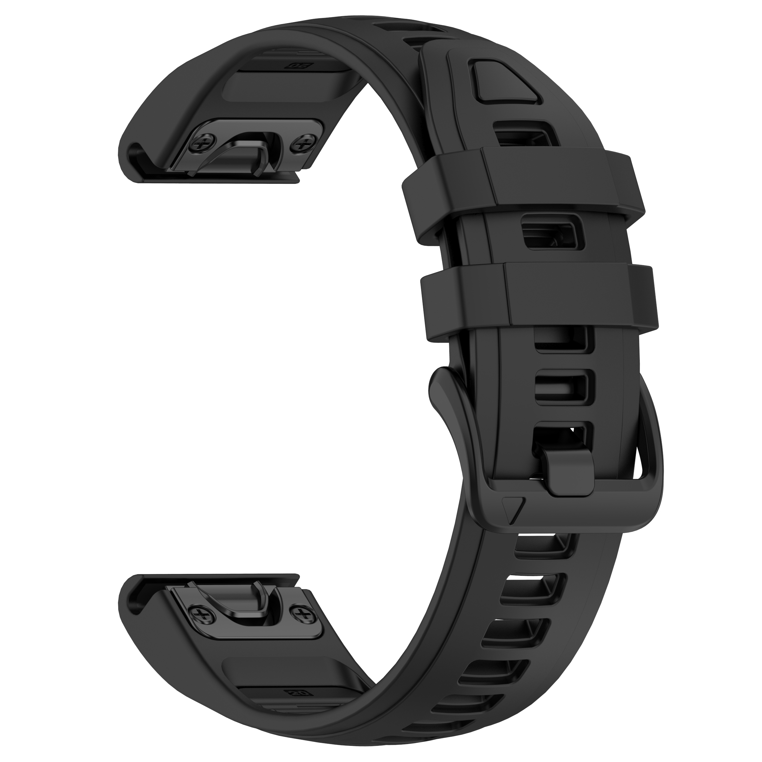 Schwarzes Uhrenarmband aus flexiblem Material, mit einem Verschluss zum sicheren Befestigen.