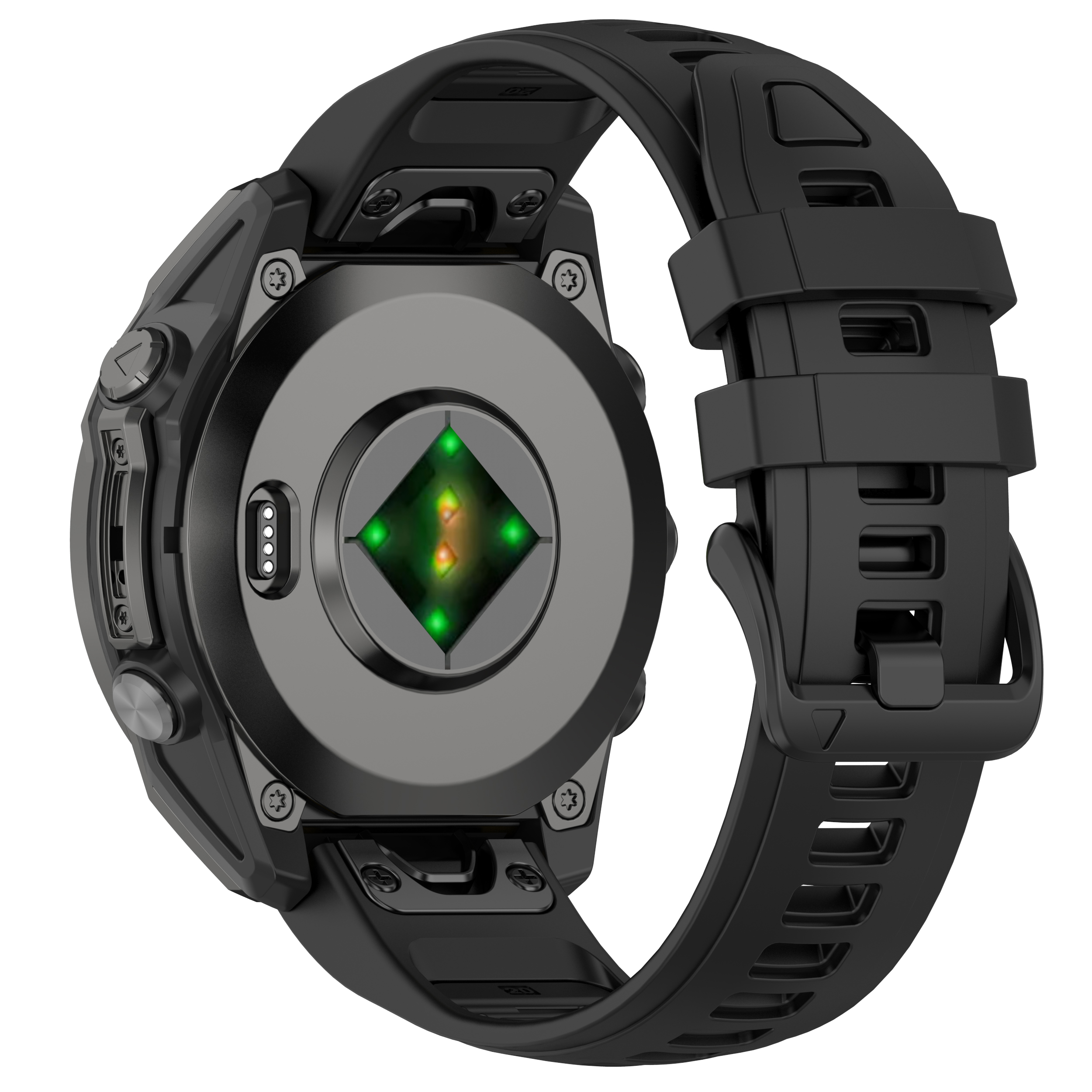 Schwarze Smartwatch, Unterseite, mit Herzfrequenzsensor und Armband. Schwarz und grau.