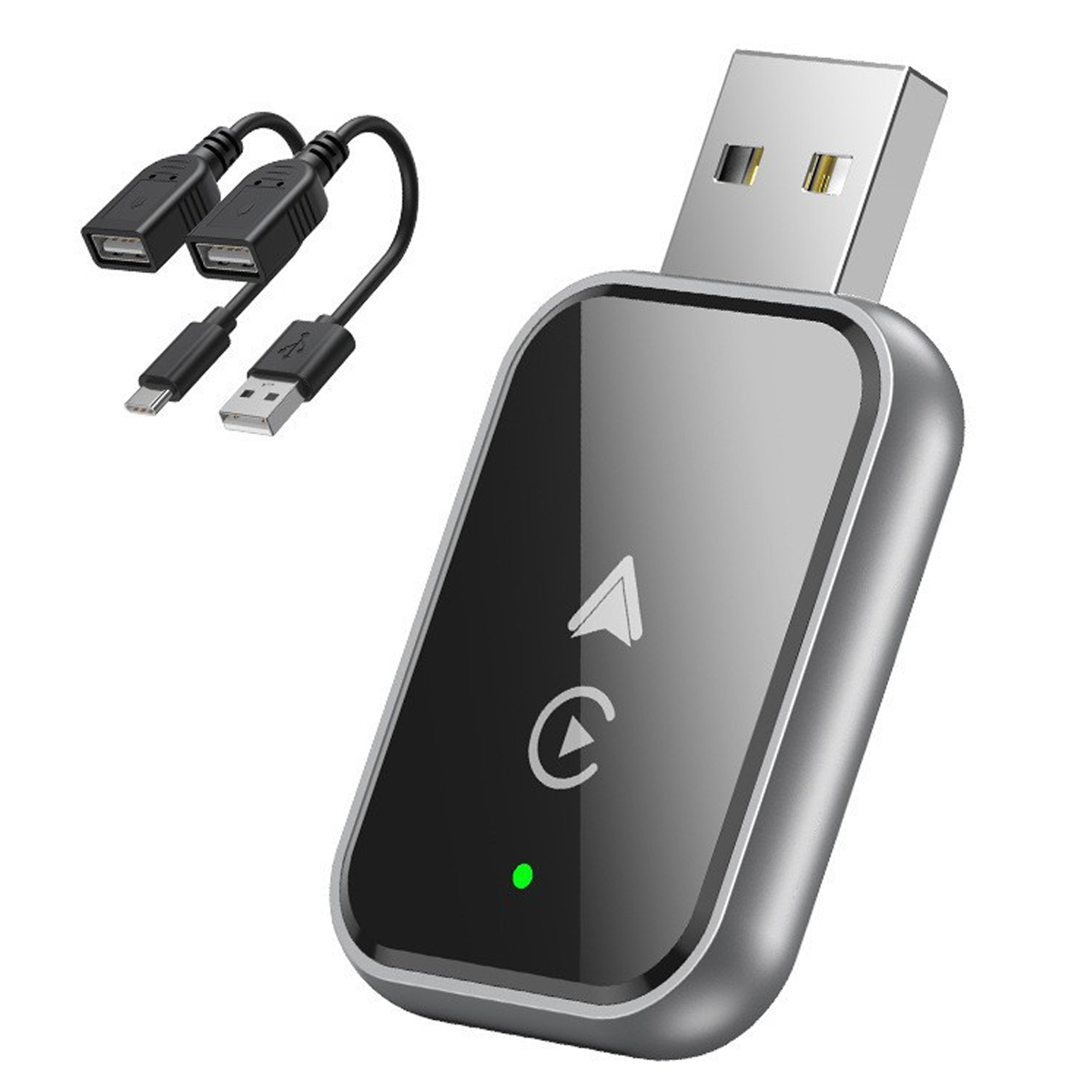 Silberner und schwarzer USB-Adapter mit grünem Licht und USB-Kabel.