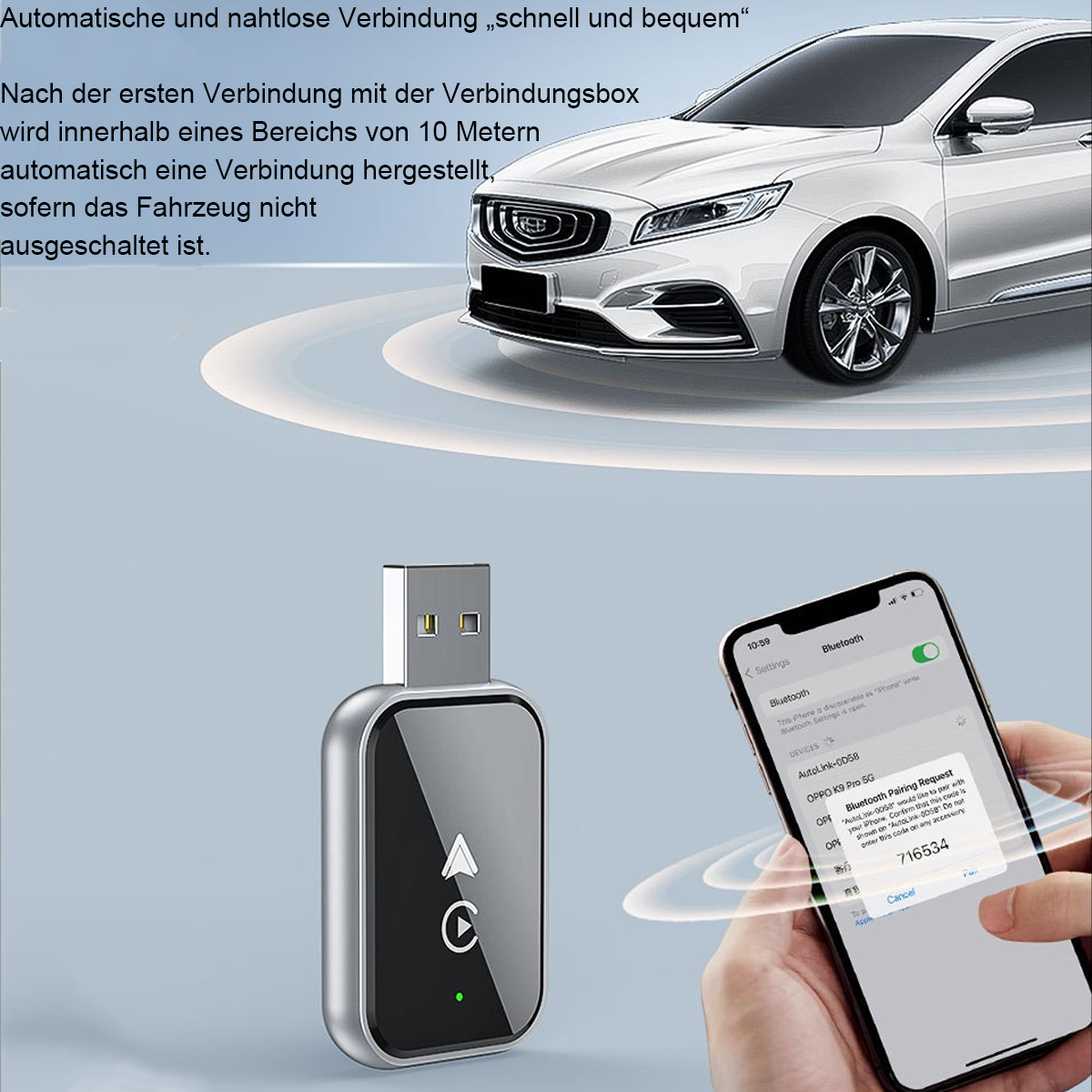 Ein Gerät, das sich mit Telefon und Auto verbindet.