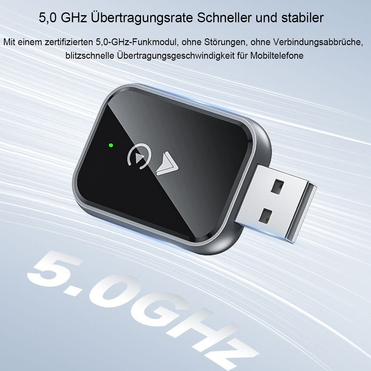 Schwarzer USB-Adapter mit Pfeilsymbol. Text sagt 5,0 GHz. Weißer Hintergrund.