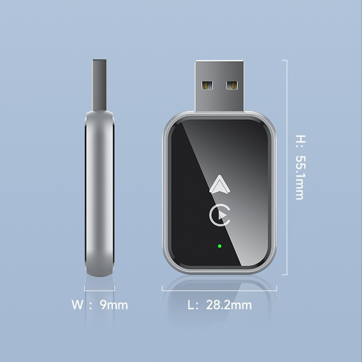 Grauer USB-Dongle mit schwarzer Vorderseite. Ein Pfeil und ein Kreis befinden sich auf der Vorderseite. Maße werden angezeigt.
