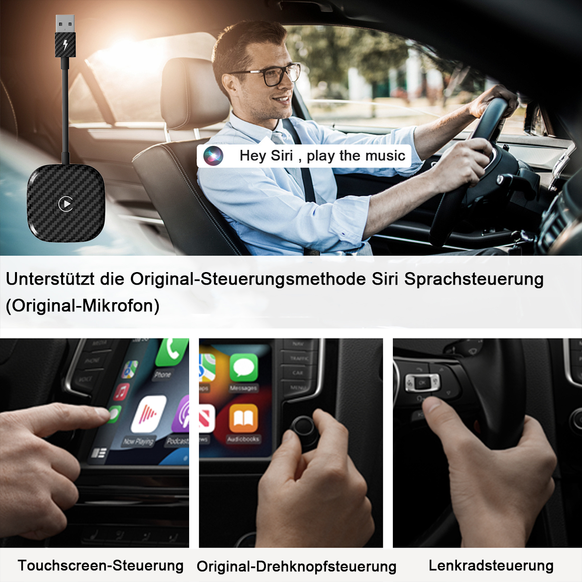 Mann im Auto verwendet Gerät mit USB-Kabel. Siri-Sprachbefehl wird angezeigt.