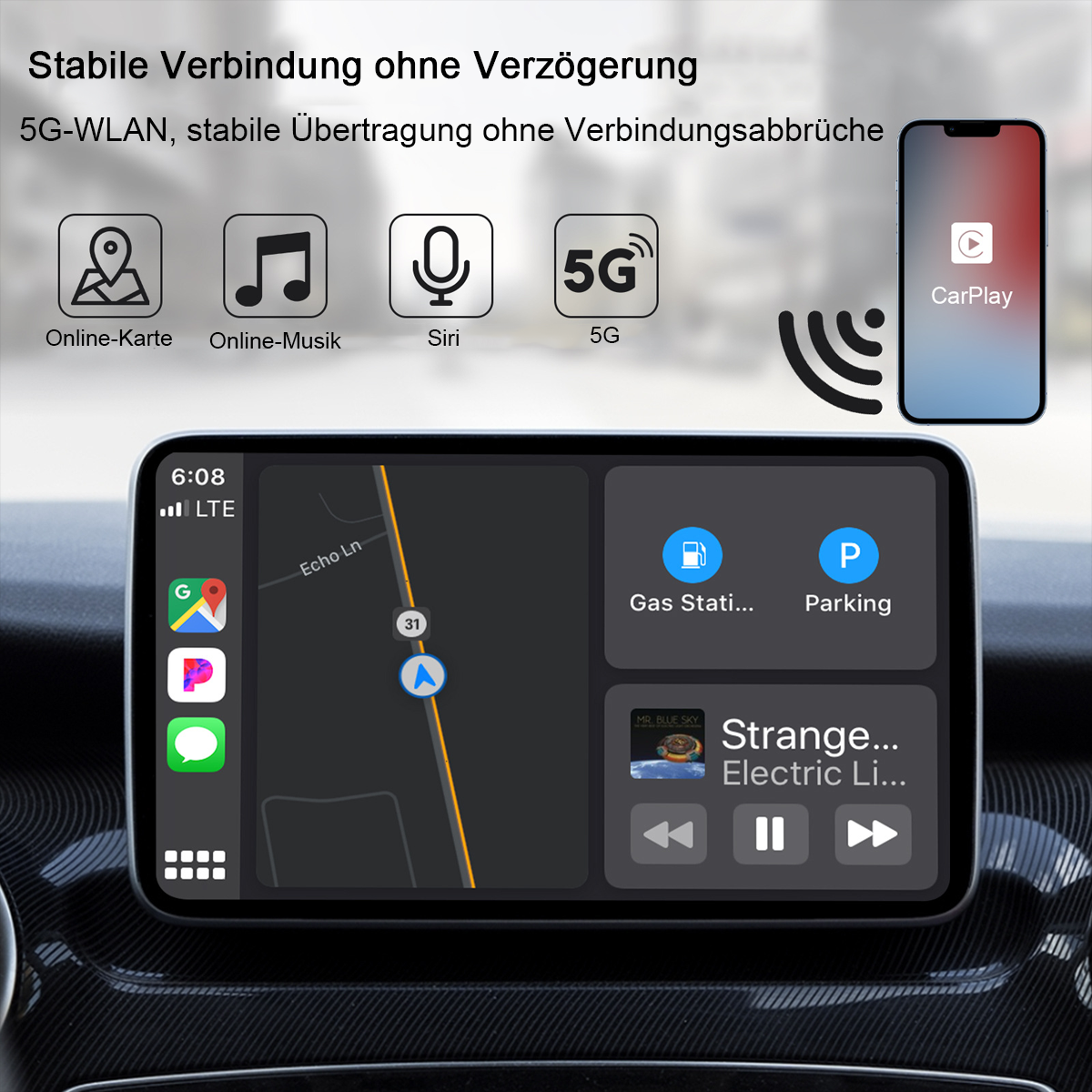 Ein Autobildschirm zeigt eine Navigationskarte und Musiksteuerungen mit Symbolen für Online-Dienste und ein Smartphone an.