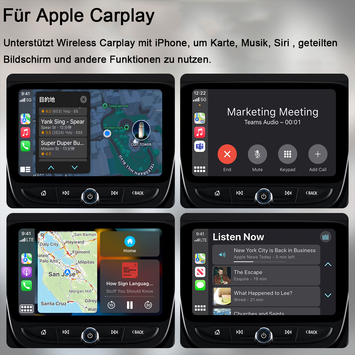 Mehrere Bildschirme zeigen Navigation, Karten und Mediensteuerung im Auto-Infotainment.