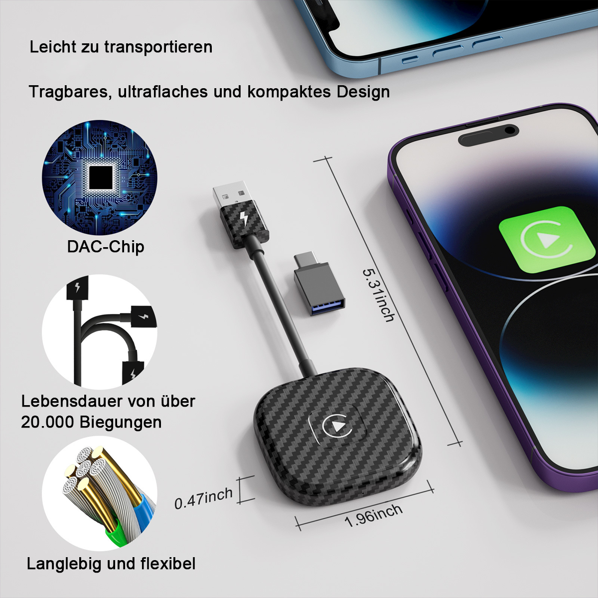 Ein USB-C-Adapter mit einem quadratischen Kohlefaser-Muster, mit einem schwarzen Kabel und einem Ladetelefon im Hintergrund.