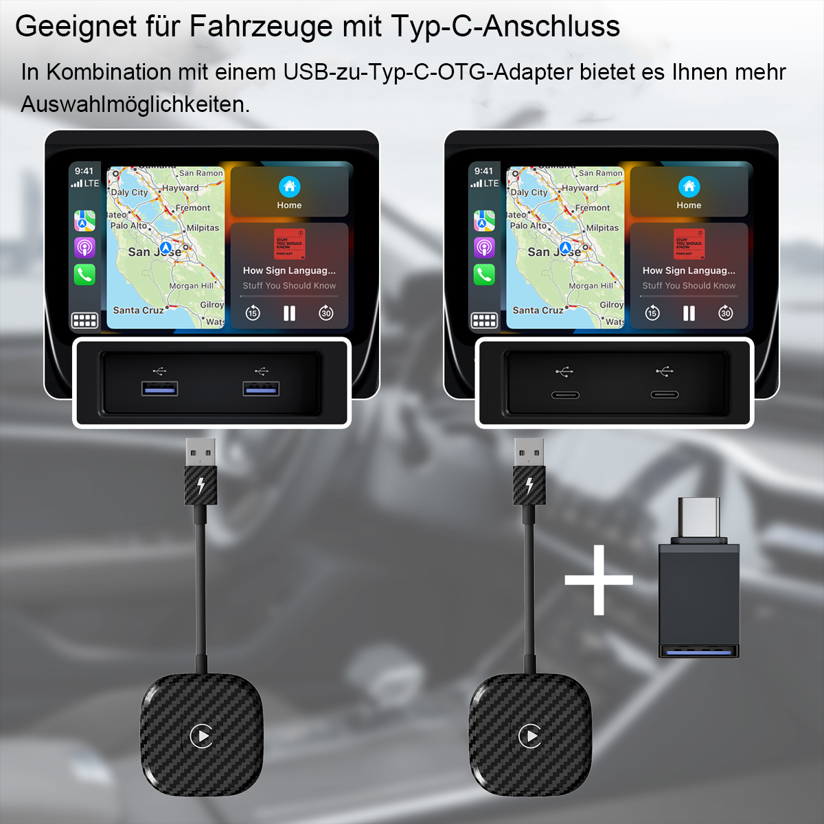 Zwei Autobildschirme zeigen die Navigation an. Darunter verbinden USB-Adapter mit kurzen Kabeln ein quadratisches Markengerät.