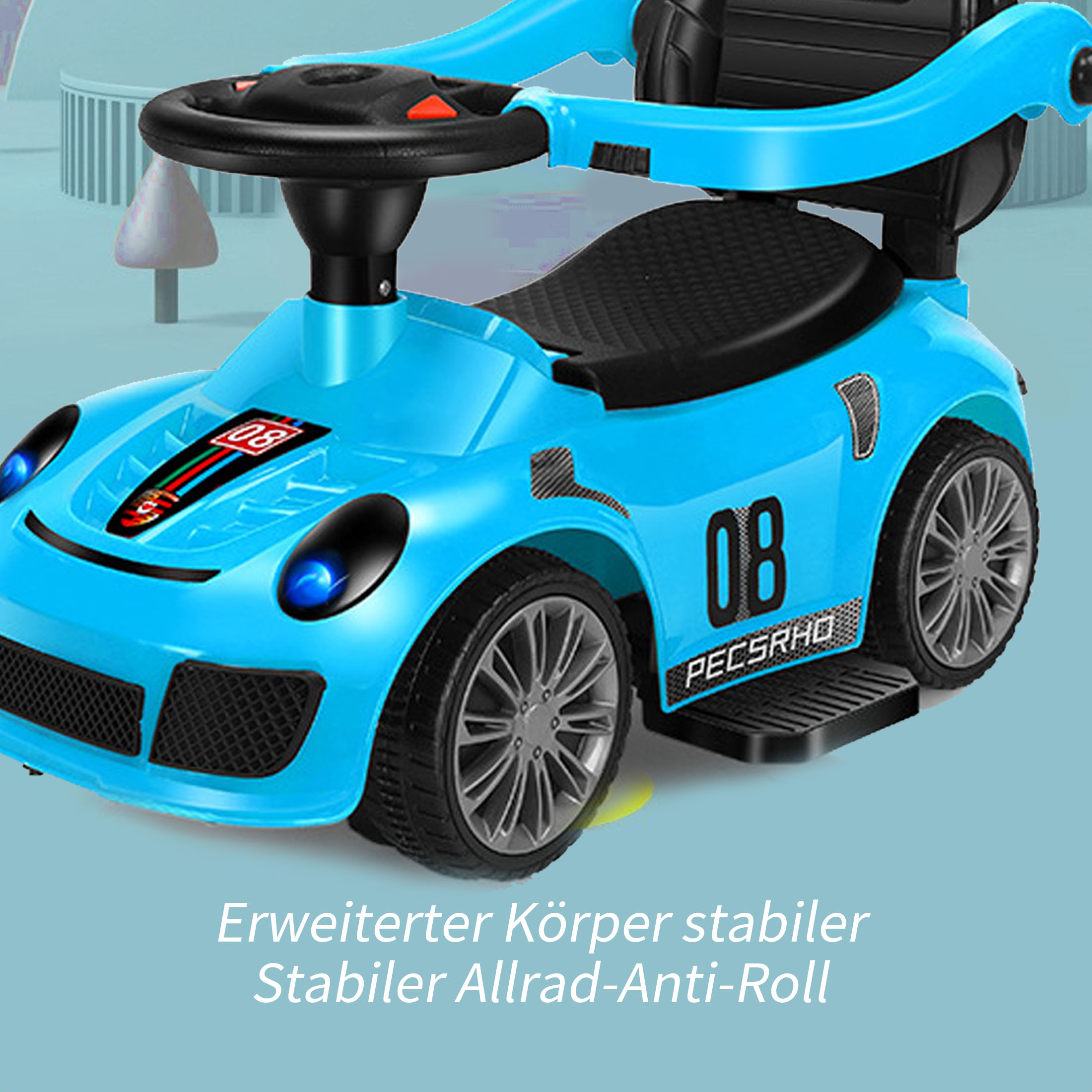 Ein blaues Kleinkindauto mit schwarzen Rädern, einem schwarzen Sitz und einem schwarzen Lenkrad.