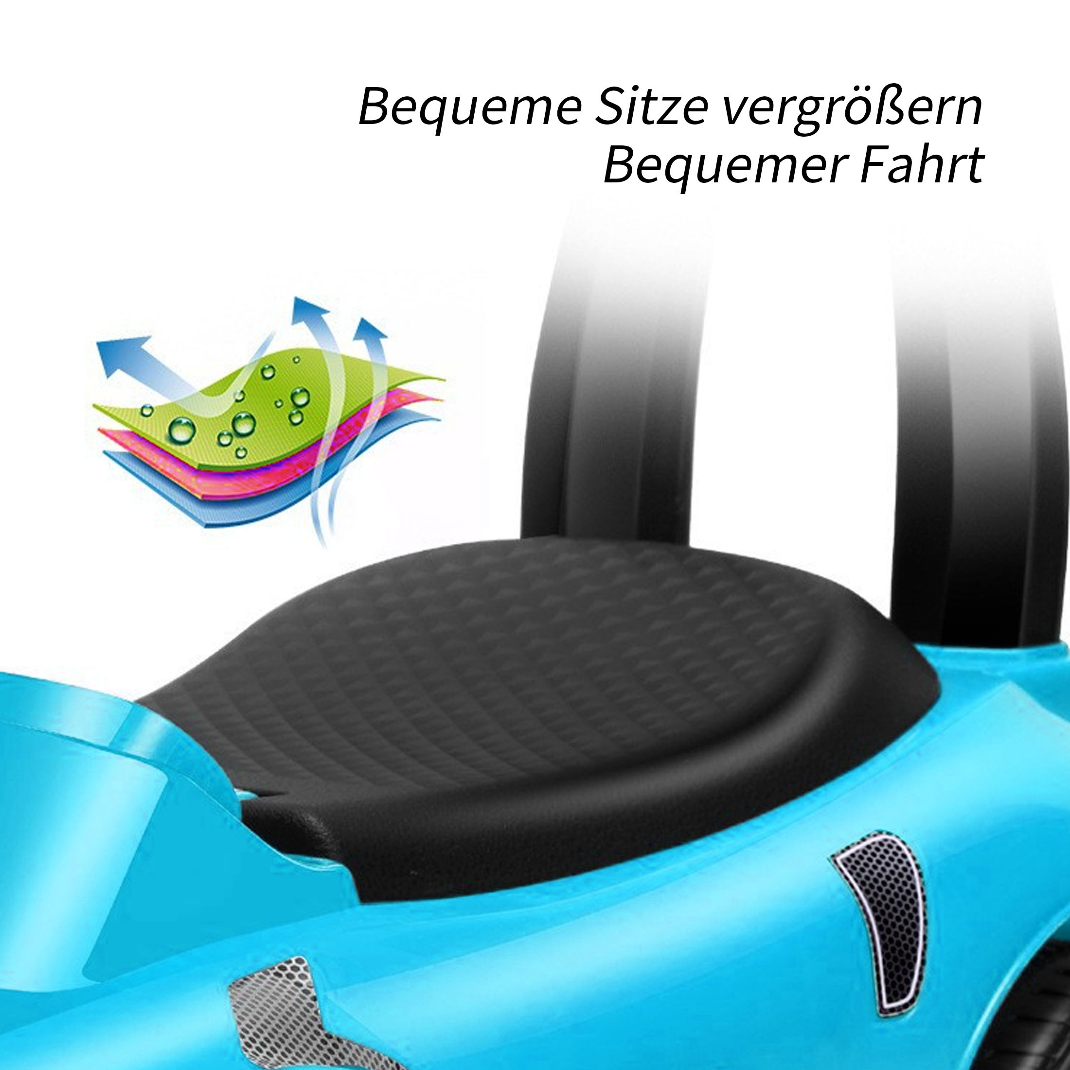 Eine Nahaufnahme eines schwarzen Autositzes mit einem blauen Autogestell und weißem Hintergrund.