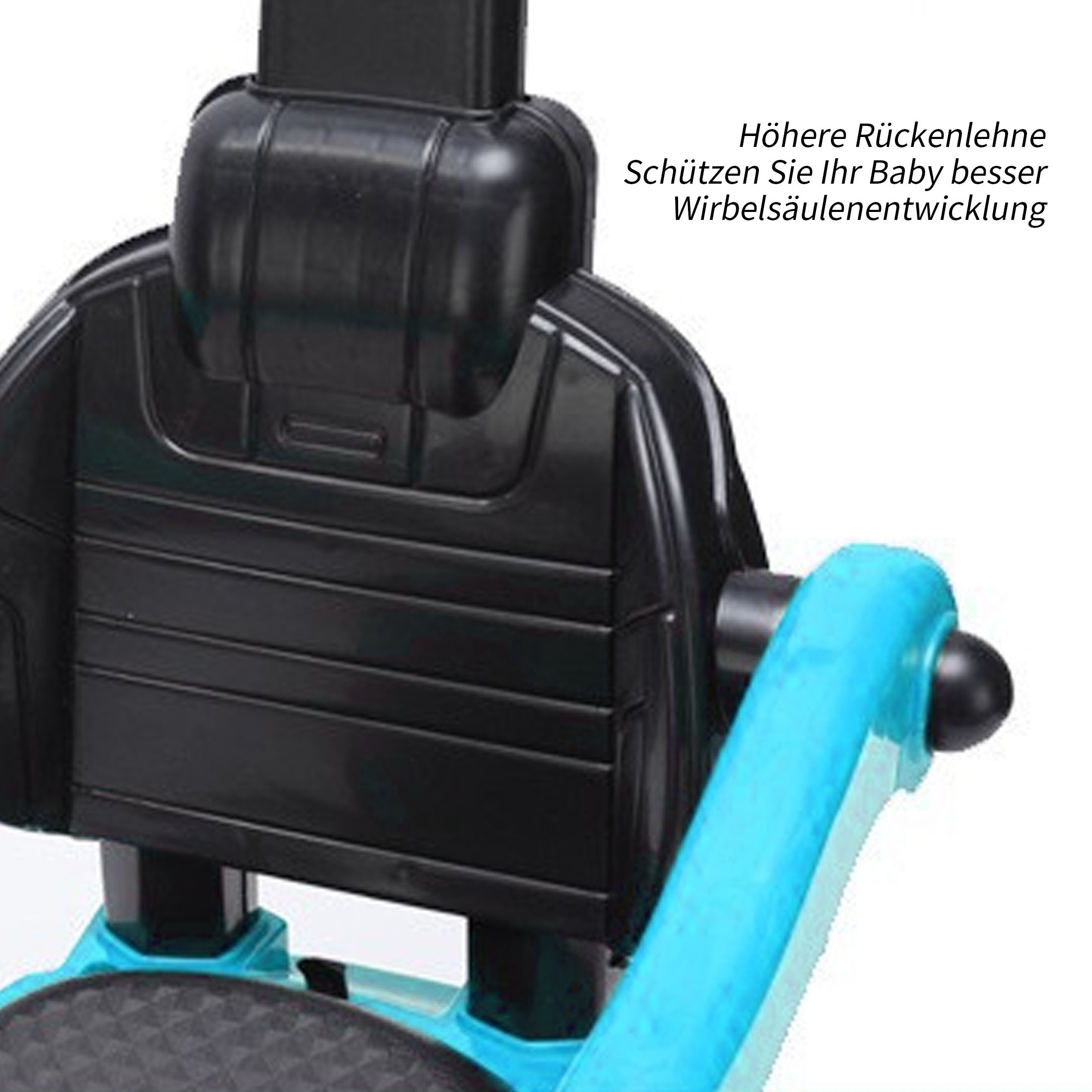 Nahaufnahme der Rückenlehne und des Sitzes eines Kinderwagens. Der Kinderwagen ist blau und schwarz. Text auf Deutsch.