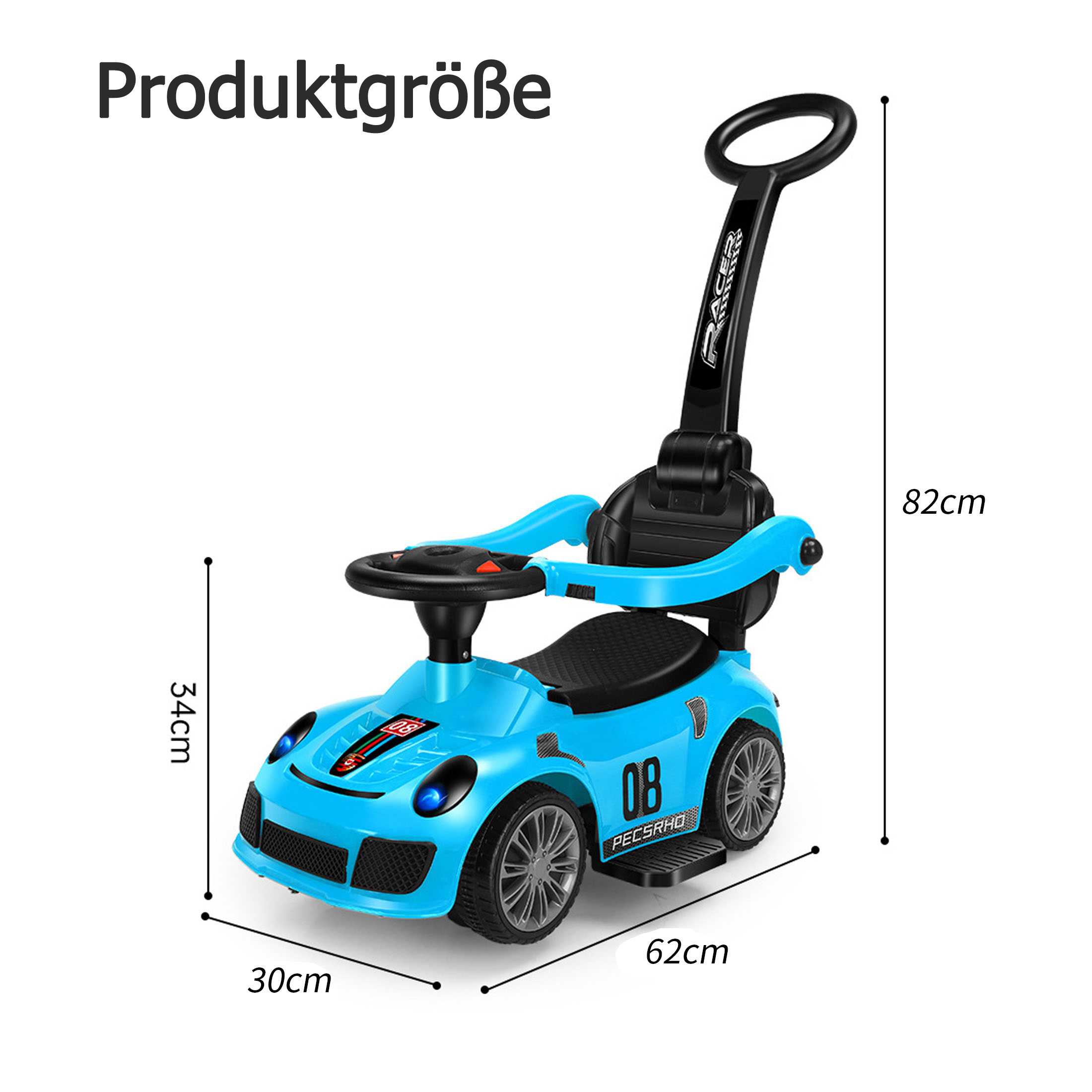 Ein blaues Spielzeugauto mit schwarzem Griff, Lenkrad und beschrifteten Abmessungen. Es hat die Nummer 08.
