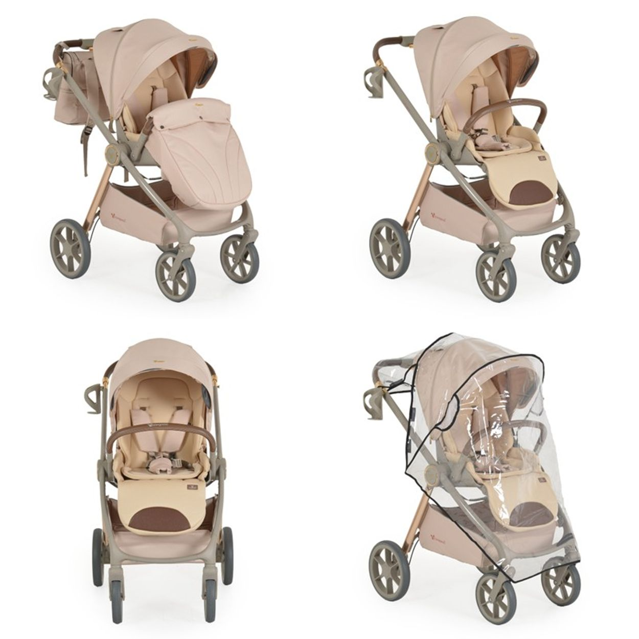 Ein beiger Kinderwagen in vier verschiedenen Konfigurationen. Der Kinderwagen steht auf weißem Hintergrund.