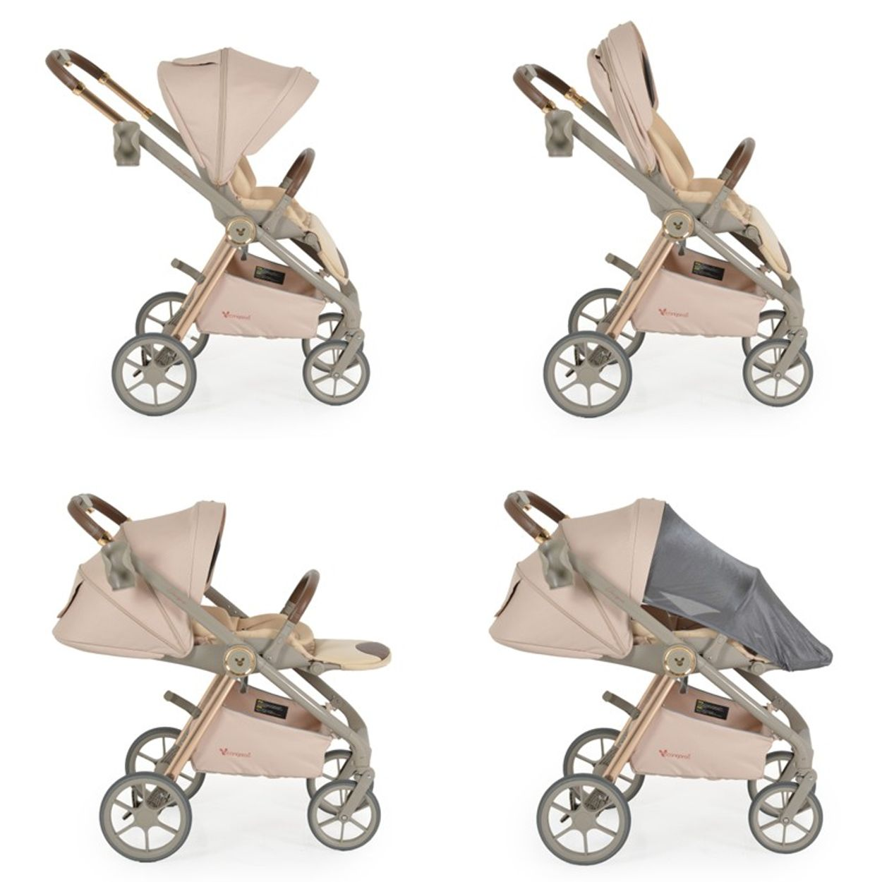 Vier Bilder eines beigen Kinderwagens in verschiedenen Konfigurationen, die seine Funktionen zeigen.