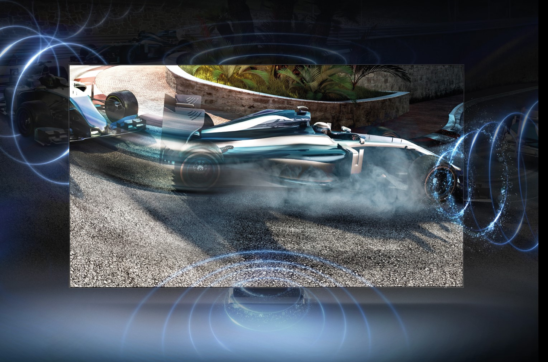 Wyścigi Formuły 1 na torze. Niebieski efekt fali dźwiękowej otacza obraz. Obraz na czarnym tle.