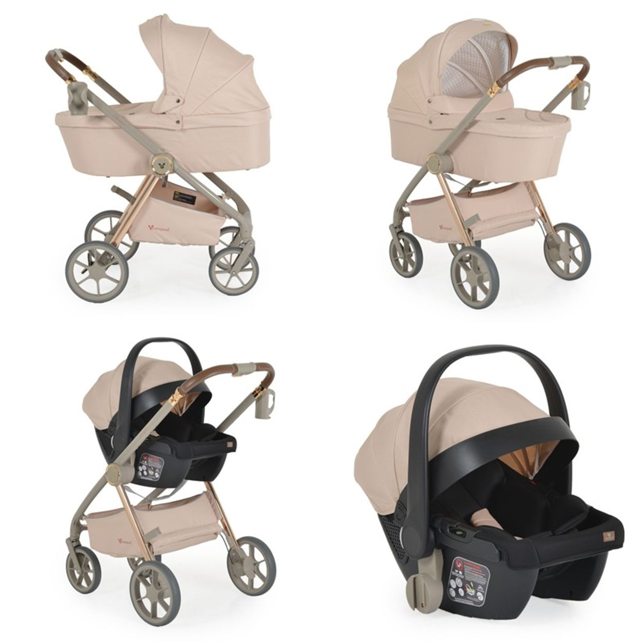 Ein beiger Kinderwagen in vier verschiedenen Konfigurationen. Der Kinderwagen steht auf weißem Hintergrund.