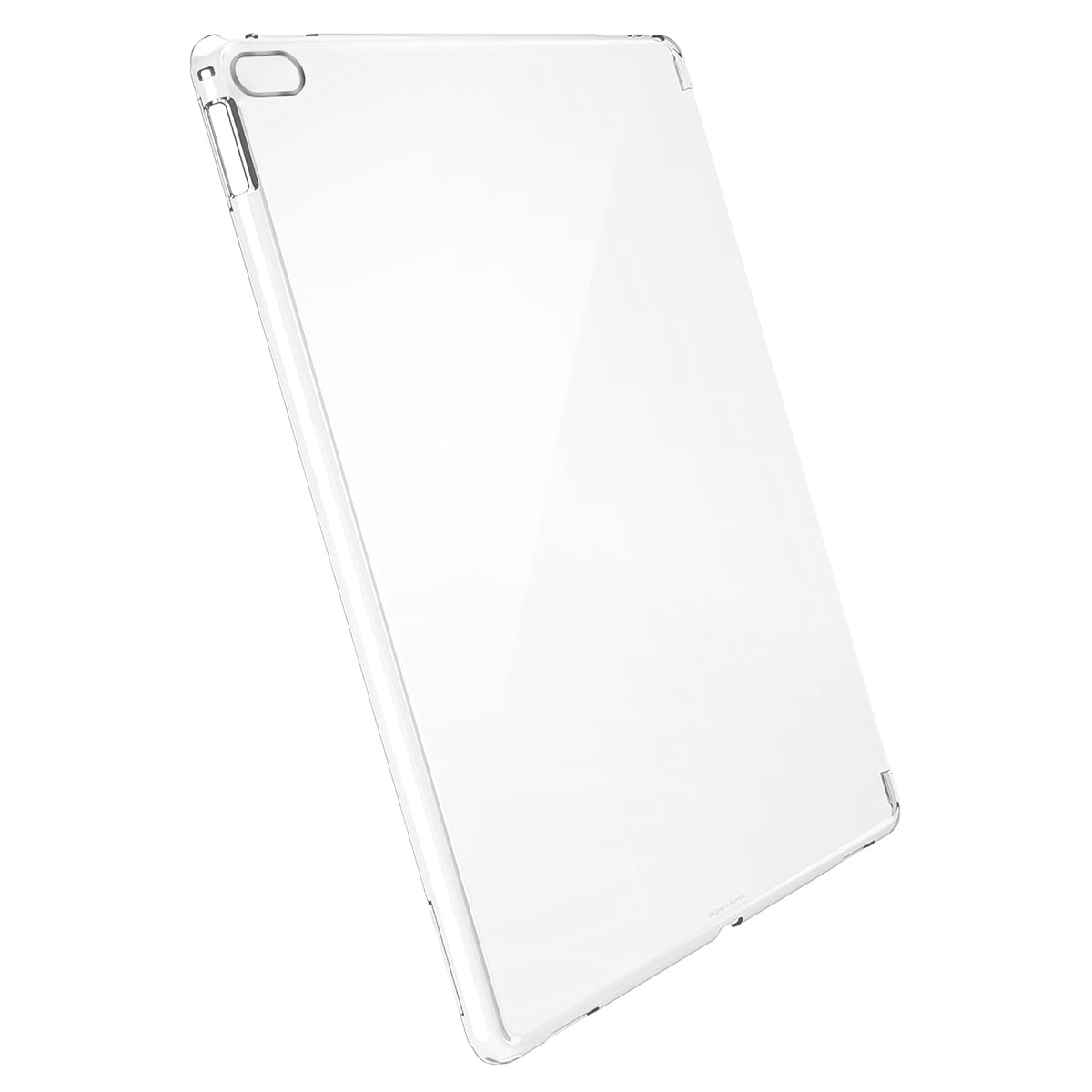 Transparente Tablethülle, leicht angewinkelt. Klares Kunststoffmaterial. Rechteckige Form.