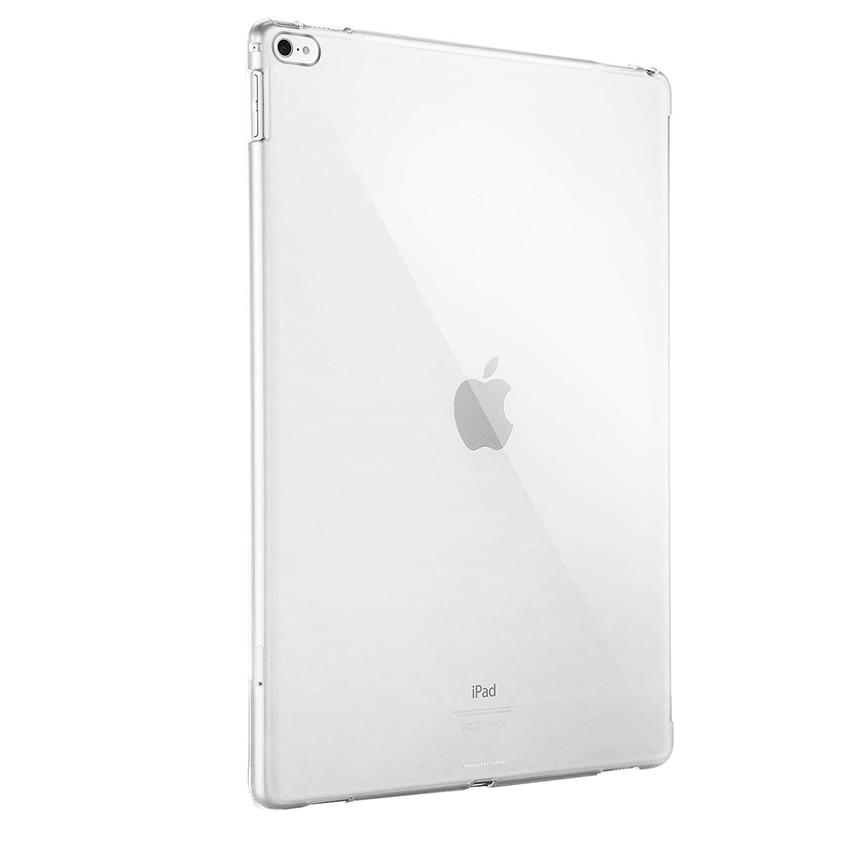 Transparente iPad-Hülle mit sichtbarem Apple-Logo. Die Hülle ist transparent. Das iPad steht auf weißem Hintergrund.