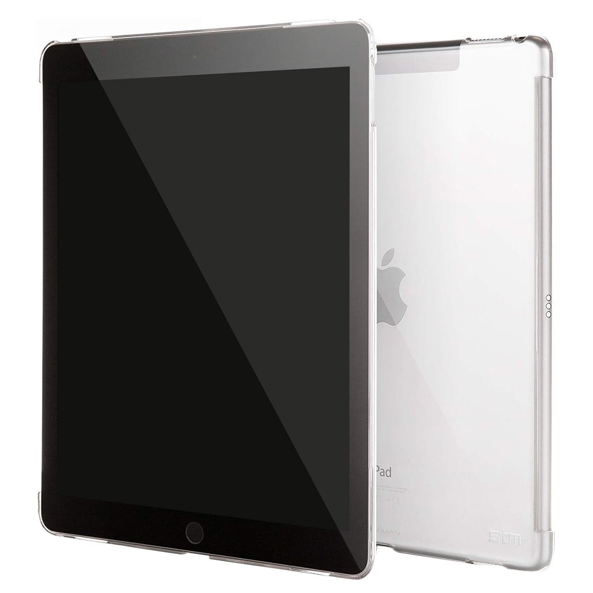 Ein iPad mit schwarzem Bildschirm in einer transparenten Hülle liegt neben der Rückseite einer anderen Hülle.