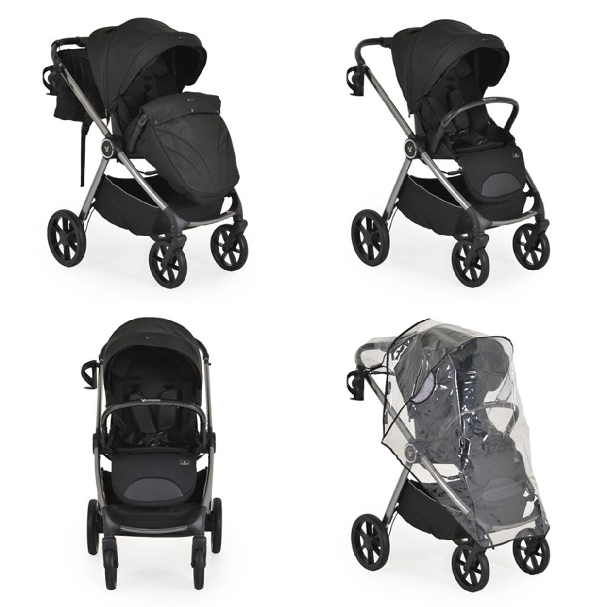 Vier Bilder zeigen einen schwarzen Kinderwagen in verschiedenen Konfigurationen, einschließlich Regenschutz.