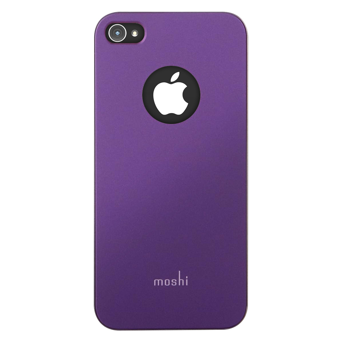 Custodia per iPhone viola con il logo Apple. La custodia ha una finitura liscia. Sfondo bianco.