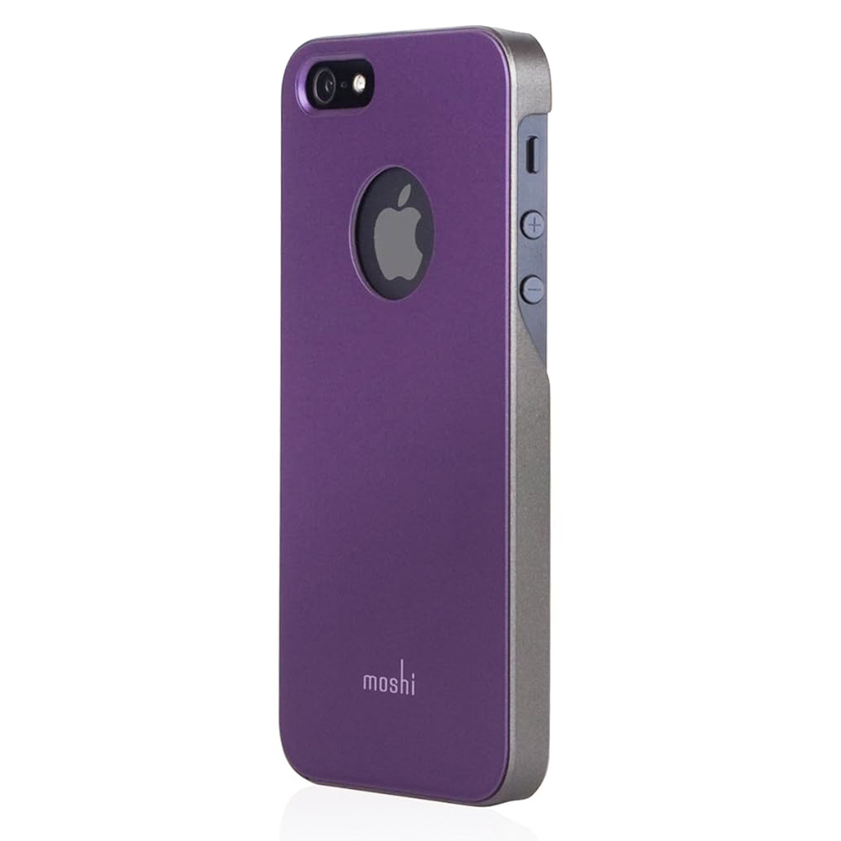 Custodia per telefono viola con cornice argentata. Ha il logo Apple e il marchio 'mosh'i'.