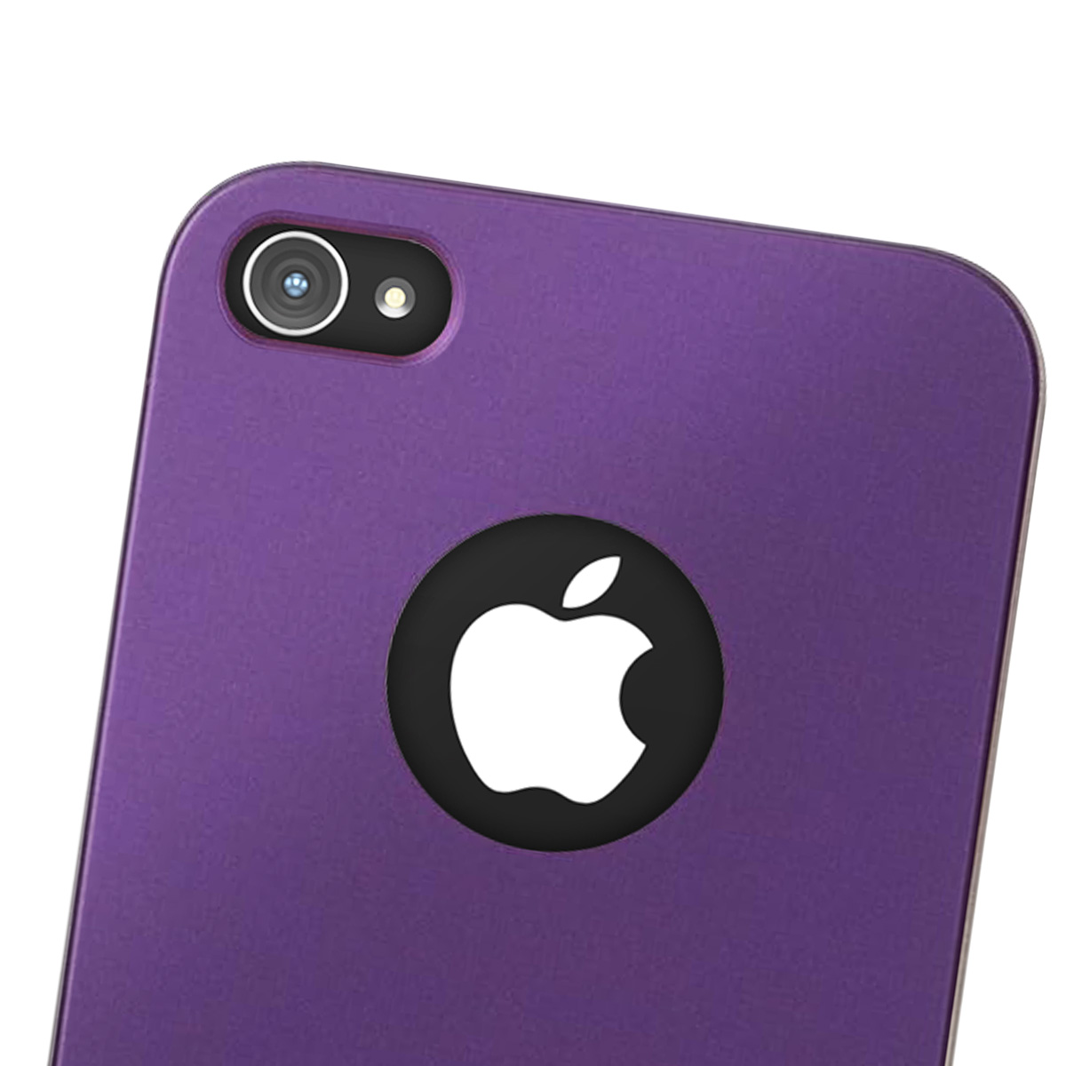 Primo piano di una custodia viola con logo Apple e obiettivo della fotocamera.