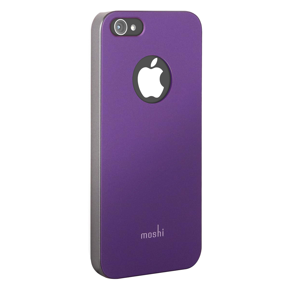 Custodia per telefono viola con cornice argentata. Il logo Apple è visibile e 'mosh'i' è scritto sulla custodia.