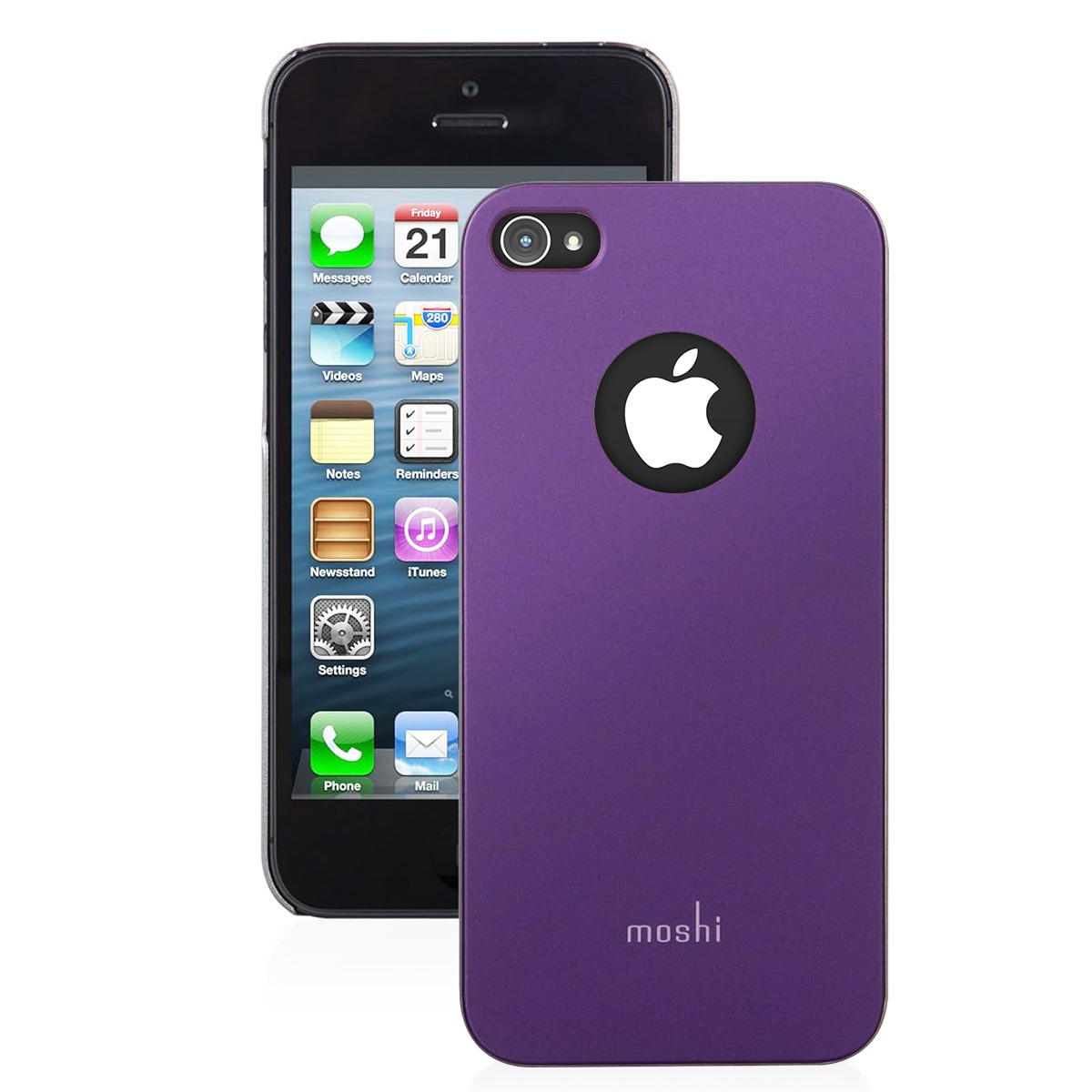 iPhone e custodia viola. L'iPhone è nero, la custodia viola con un logo Apple. Sfondo bianco.
