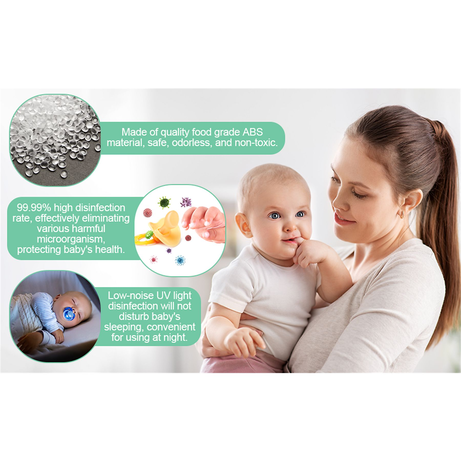 Eine Mutter hält ein Baby. Das Baby hat einen Schnuller und berührt seinen Mund. Im Hintergrund befinden sich Produktbilder.