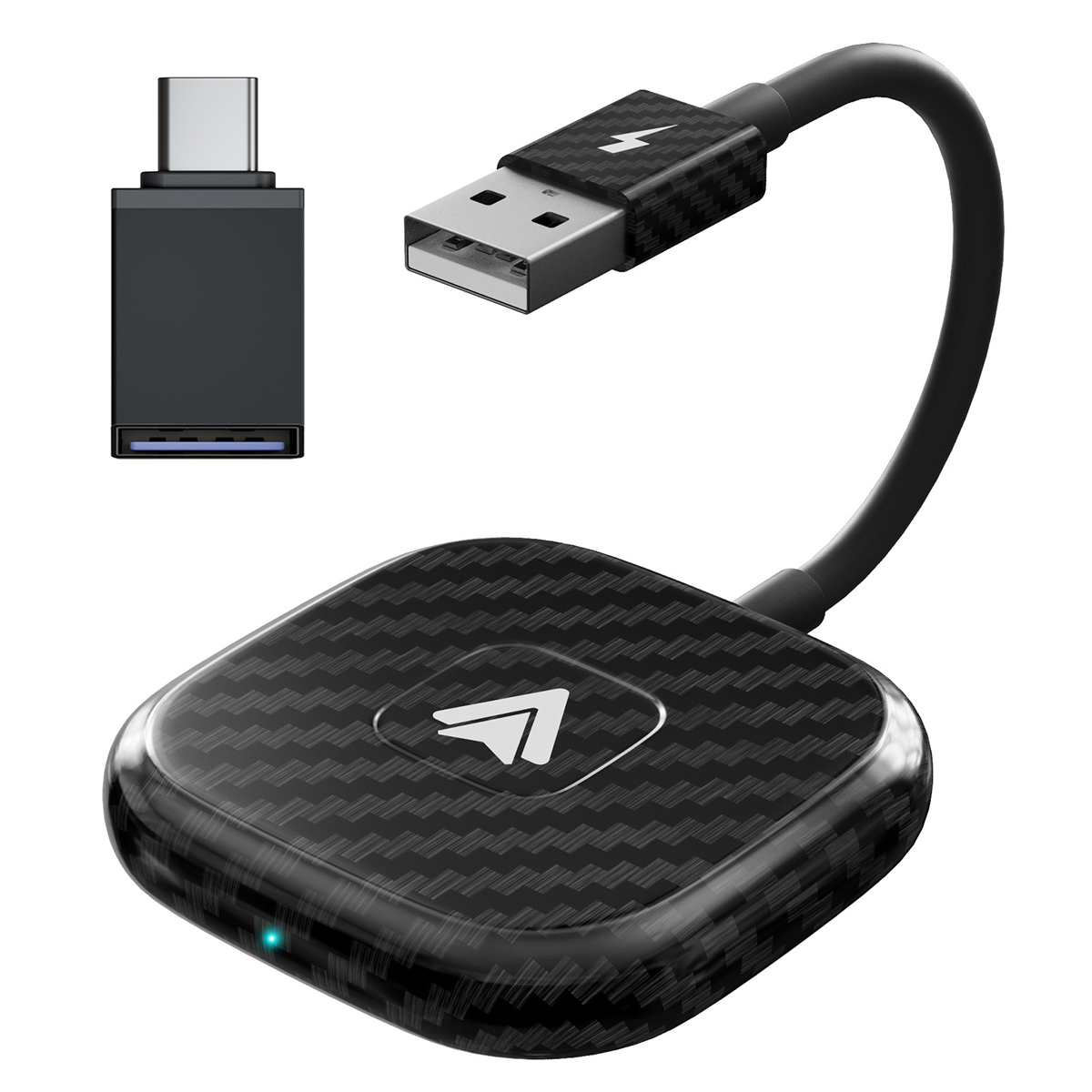 Ein schwarzes technisches Gerät mit USB- und USB-C-Anschluss. Schwarz und Kohlefaser-Stil. Isoliert auf weißem Hintergrund.