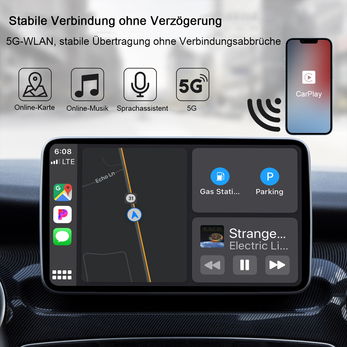 Ein Bildschirm im Armaturenbrett des Autos, der GPS- und Mediensteuerungen zeigt. Der Bildschirm zeigt auch ein Telefon mit CarPlay.