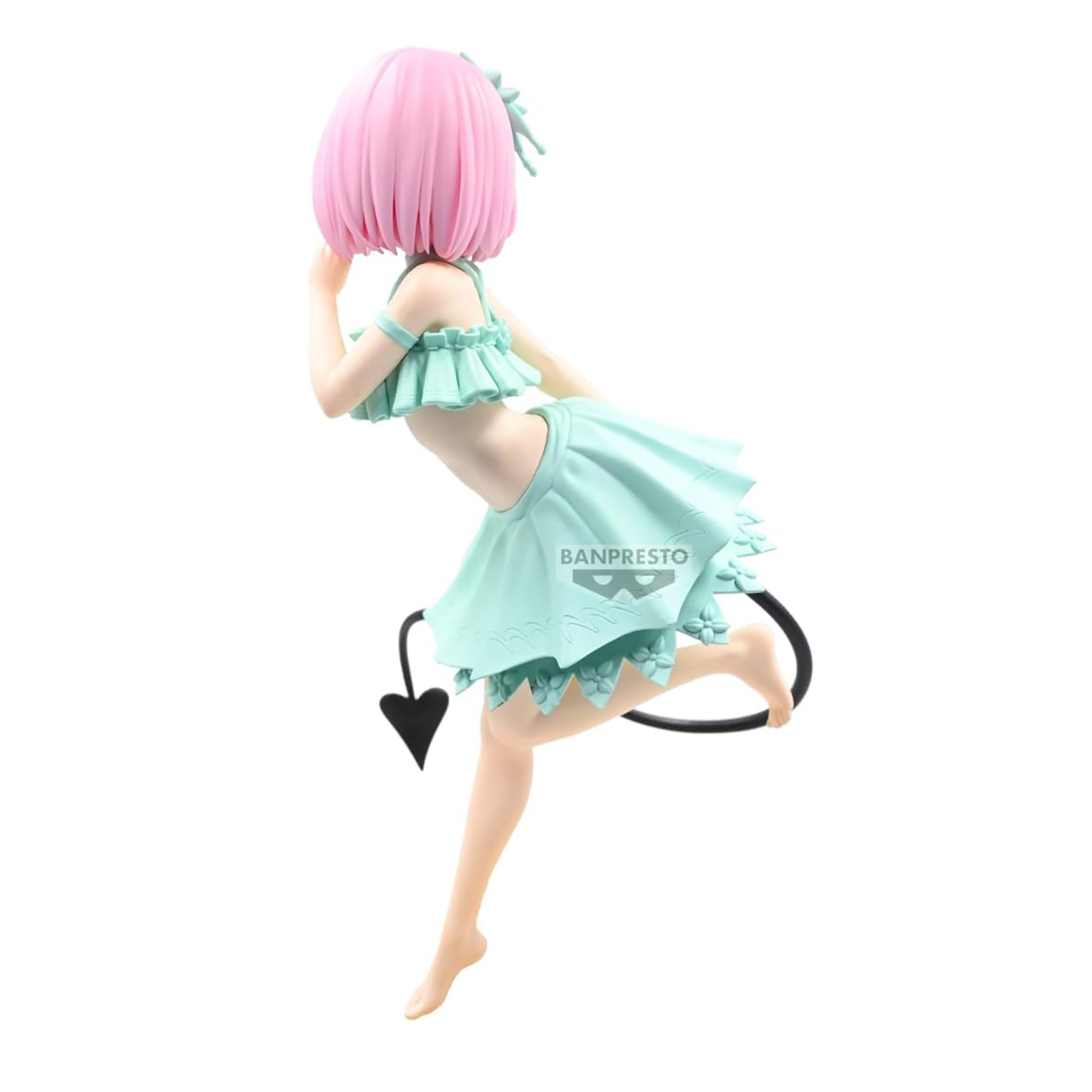 Figura de anime de una niña con pelo rosa y un atuendo turquesa, cola negra y un corazón. Sobre un fondo blanco.