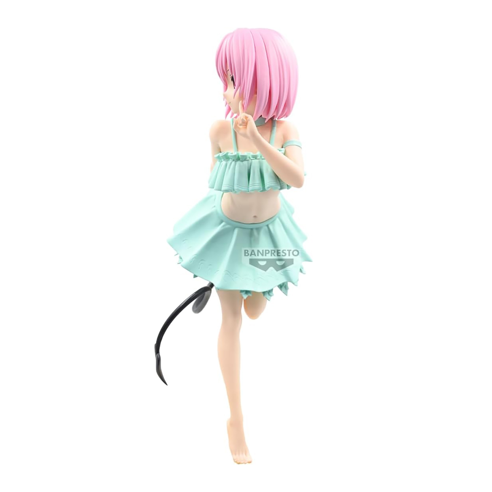 Una figura de una niña con pelo rosa en un traje de baño verde azulado claro, con una cola negra y fondo blanco.
