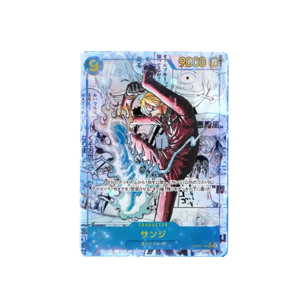 Eine One Piece-Karte mit Sanji. Sanji tritt, mit Effekten um ihn herum. Japanischer Text auf der Karte.