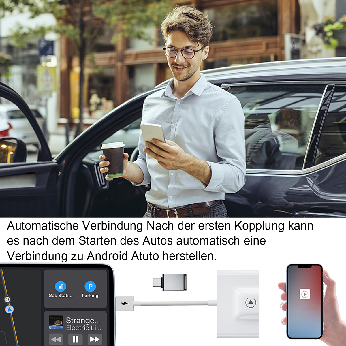Ein Mann mit Brille steht neben einem Auto und hält ein Telefon. Der Bildschirm zeigt eine App und ein Ladekabel.