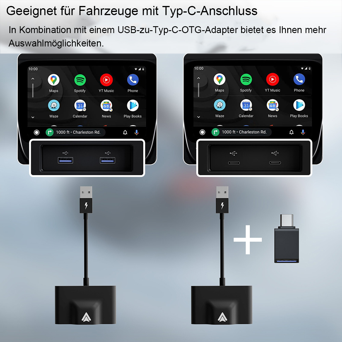 Zwei Unterhaltungsscreens im Auto, die Apps und verbundene Geräte zeigen, mit Kabeln und einem schwarzen USB-Adapter.